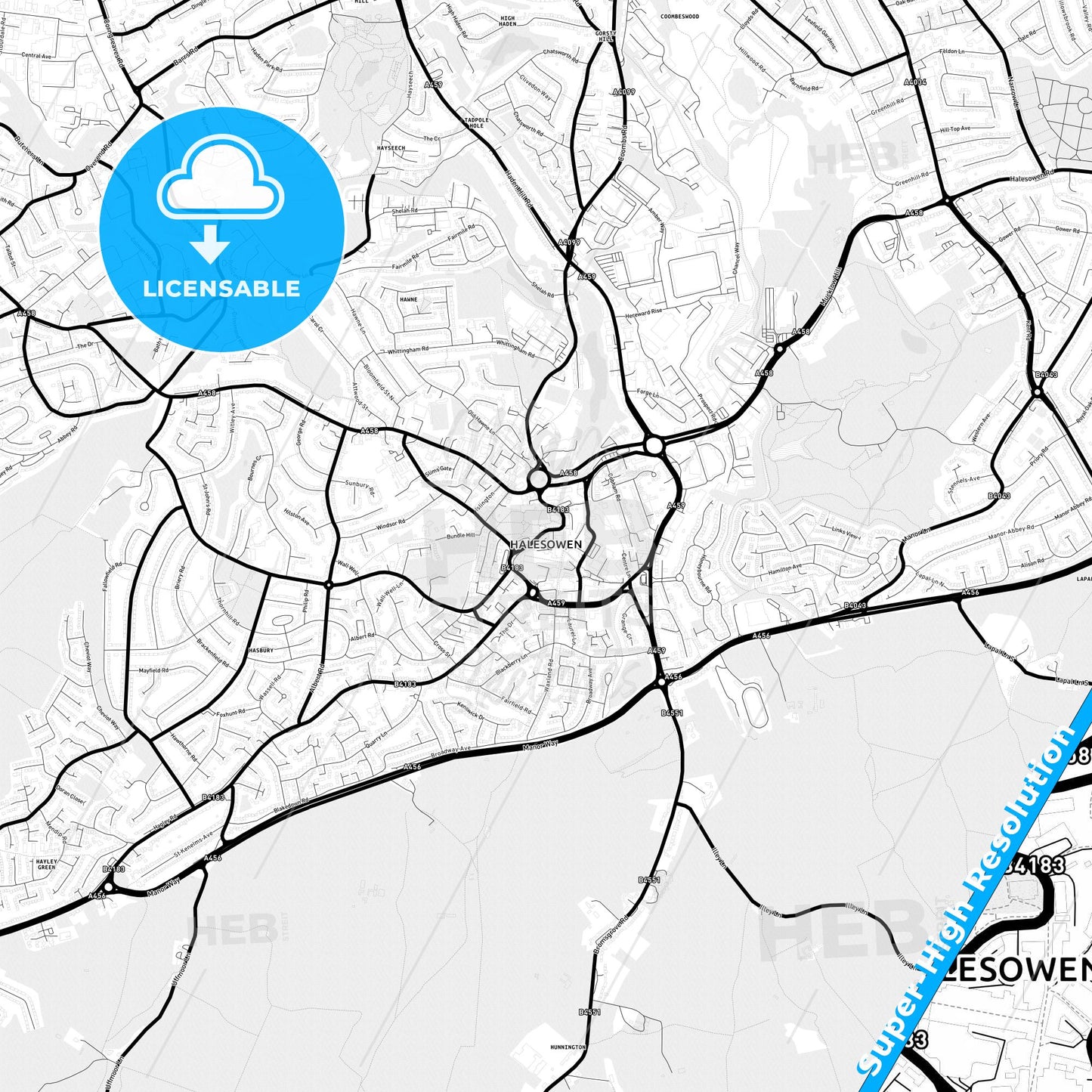 Halesowen, England Light Map with Street Names, City Names, and Districts