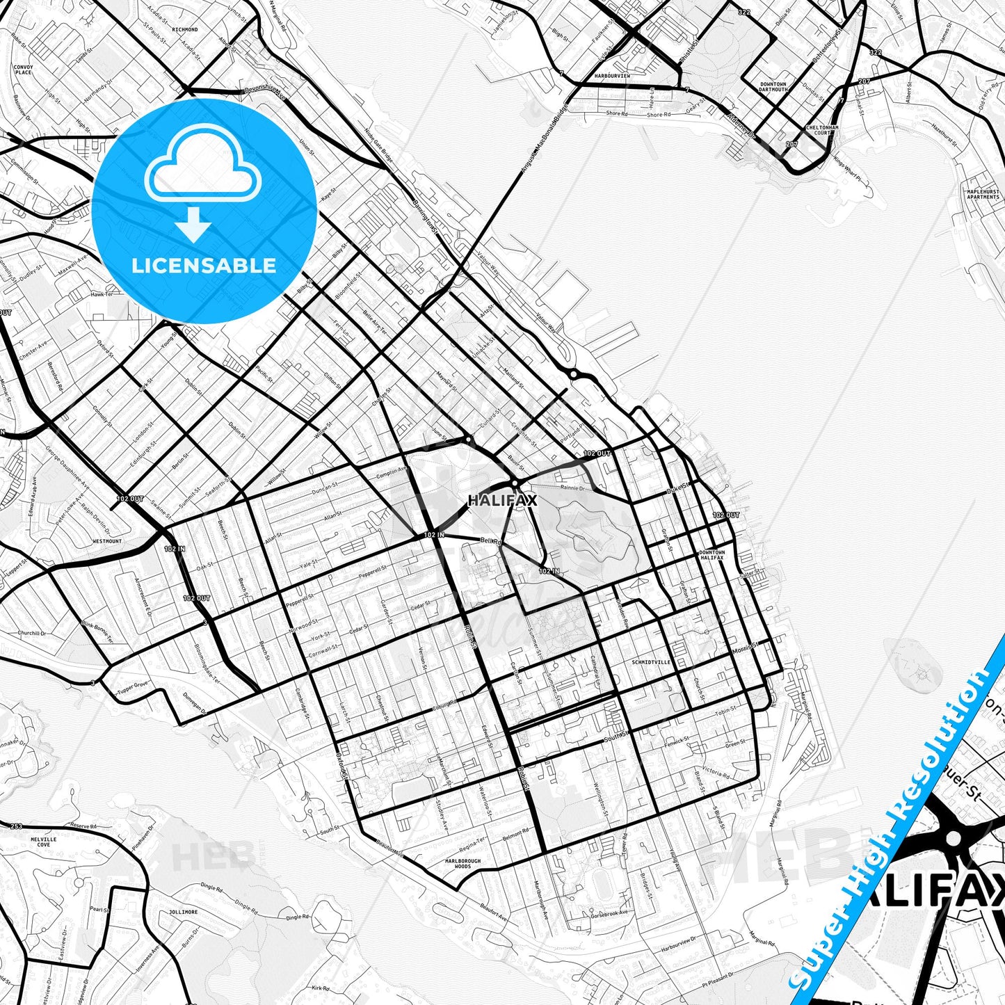 Halifax, Canada Light Map with Street Names, City Names, and Districts