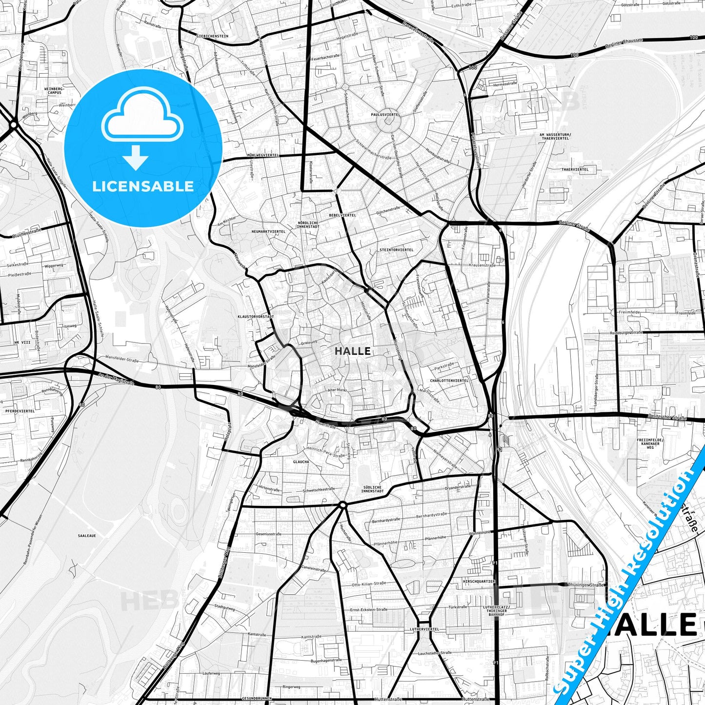 Halle (Saale), Germany Light Map with Street Names, City Names, and Districts
