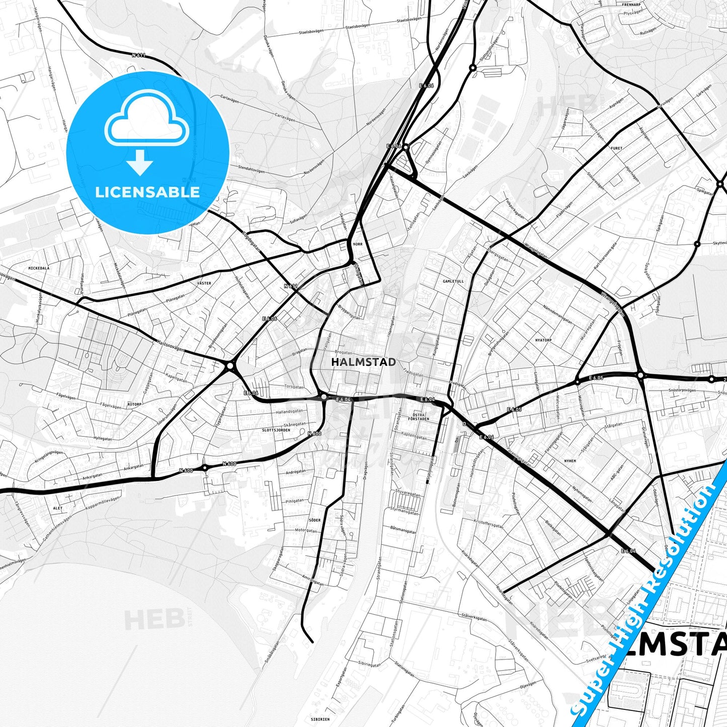 Halmstad, Sweden Light Map with Street Names, City Names, and Districts