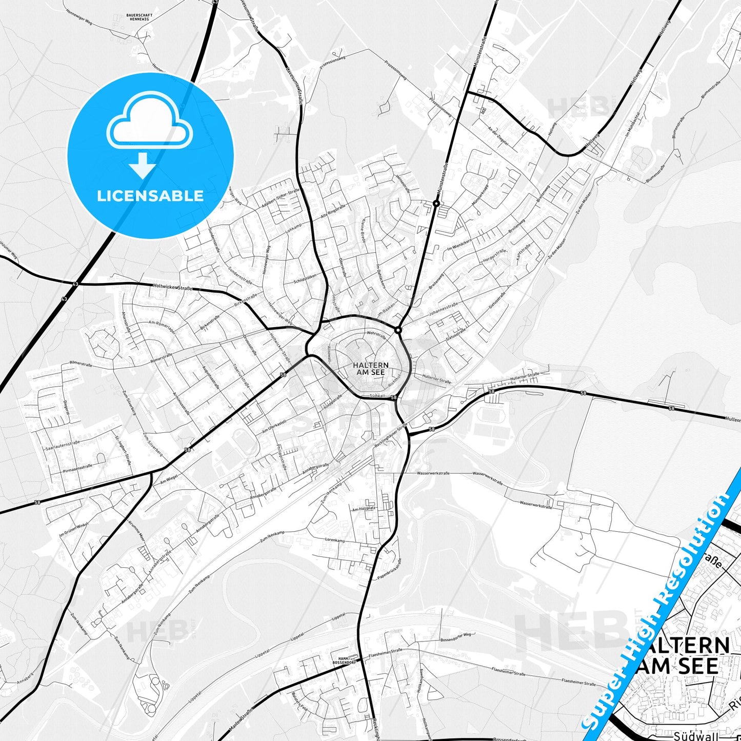 Haltern am See, Germany Light Map with Street Names, City Names, and Districts