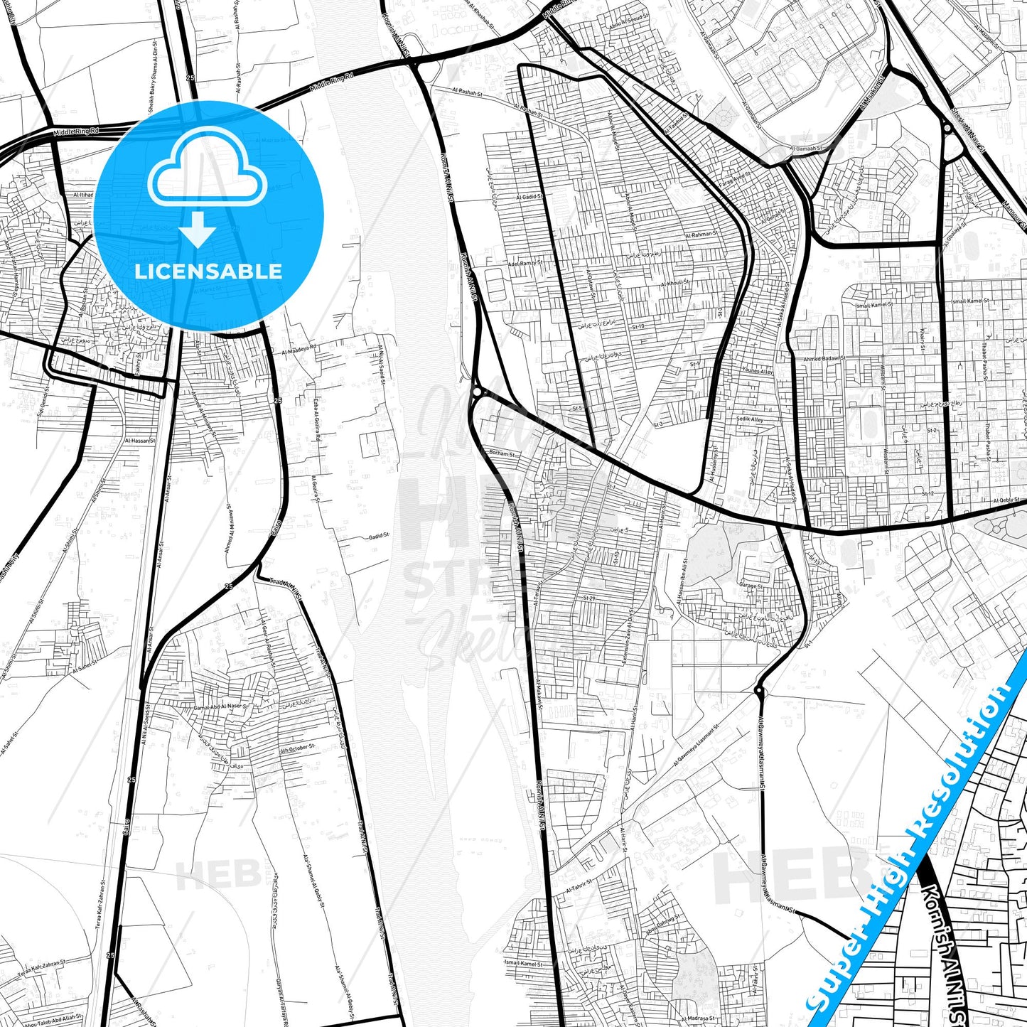 Halwan, Egypt Light Map with Street Names, City Names, and Districts