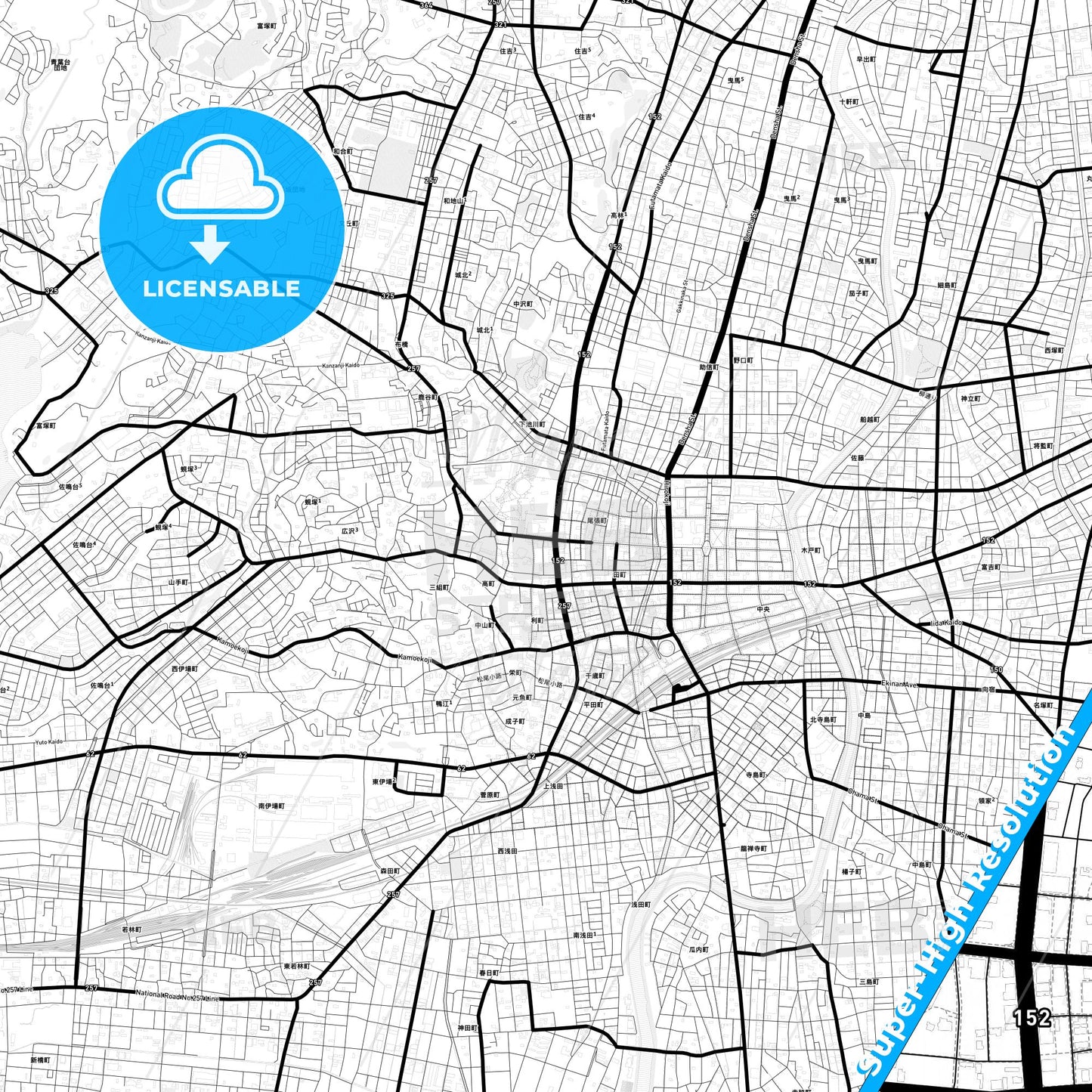 Hamamatsu, Japan Light Map with Street Names, City Names, and Districts