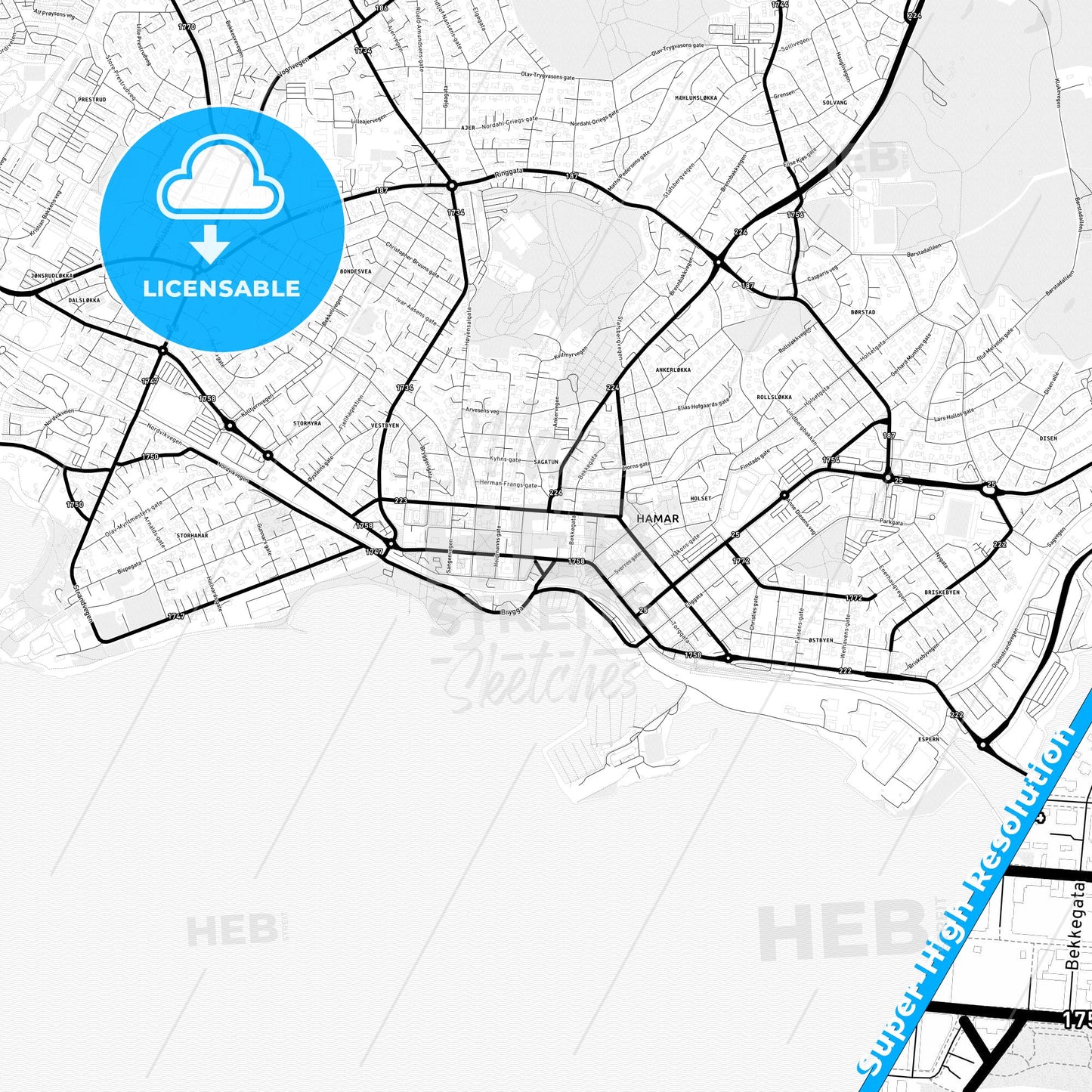 Hamar, Norway Light Map with Street Names, City Names, and Districts