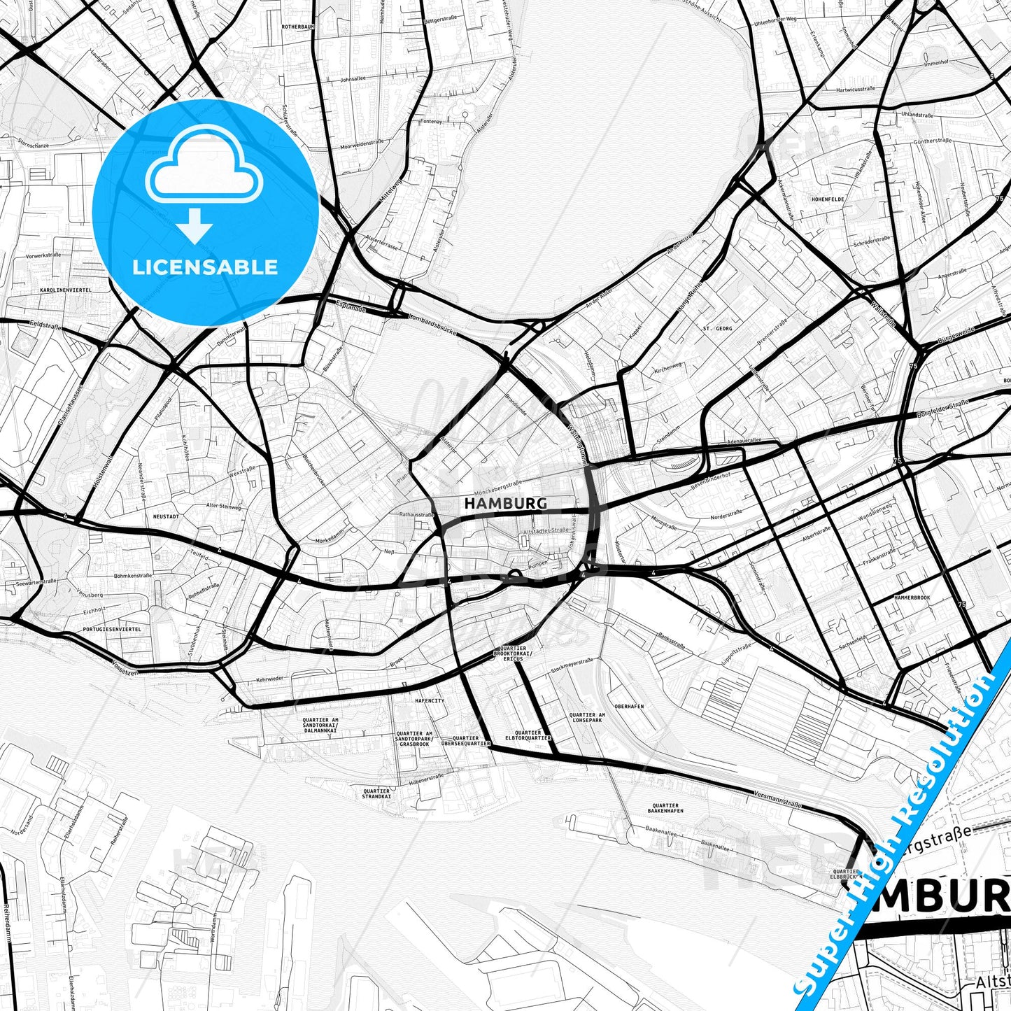 Hamburg, Germany Light Map with Street Names, City Names, and Districts