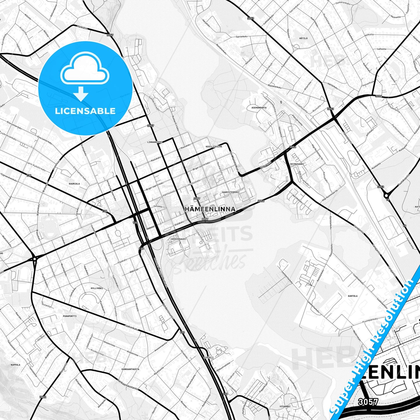 Hämeenlinna, Finland Light Map with Street Names, City Names, and Districts