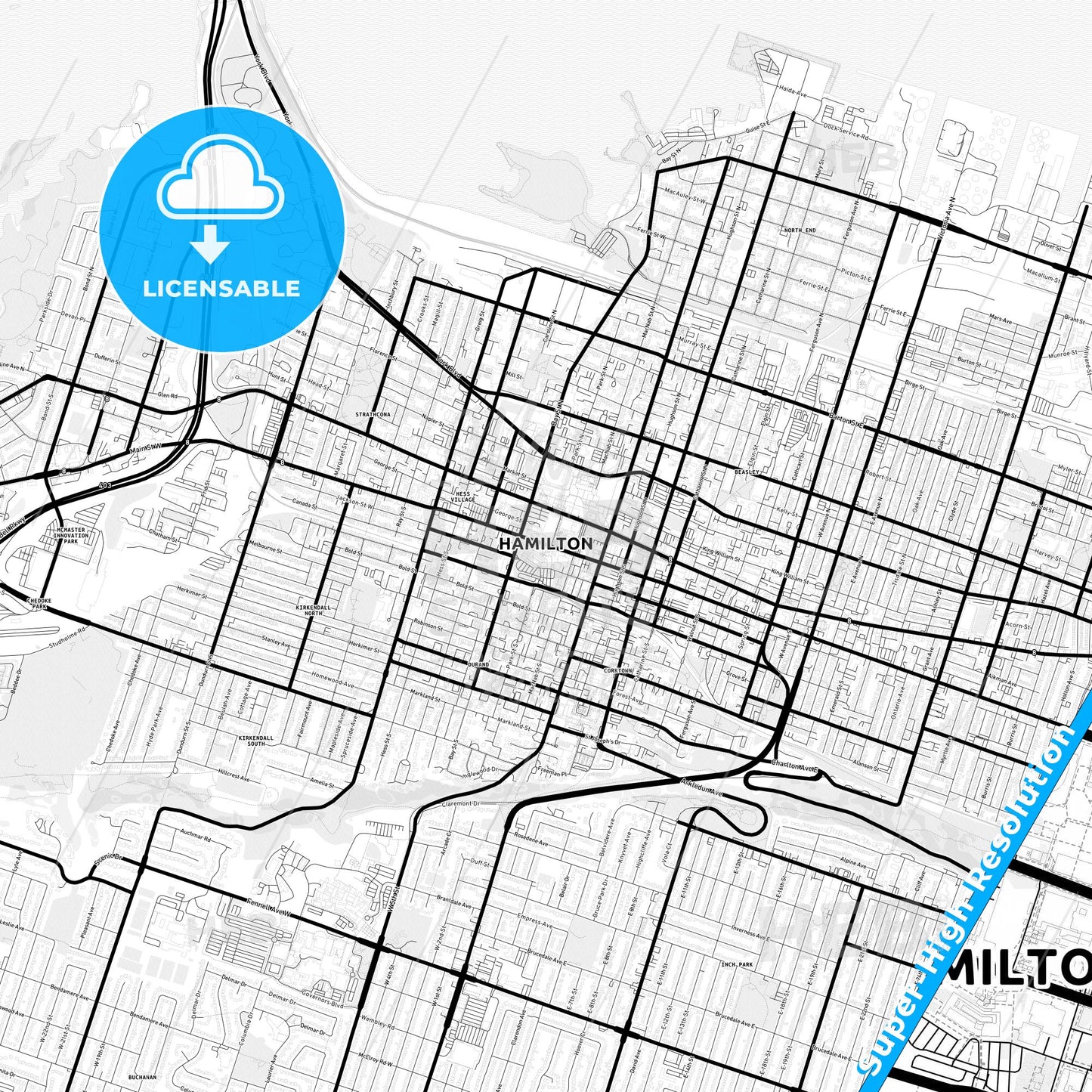 Hamilton, Canada Light Map with Street Names, City Names, and Districts