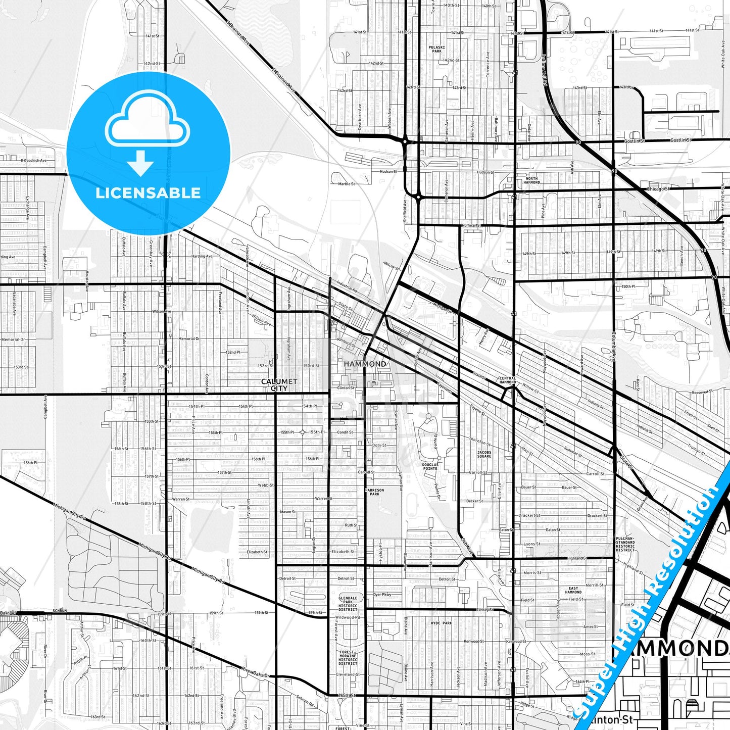 Hammond, Indiana Light Map with Street Names, City Names, and Districts