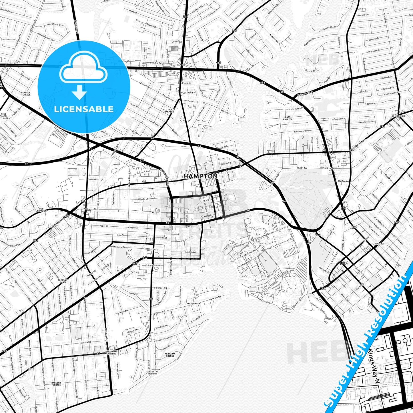 Hampton, Virginia Light Map with Street Names, City Names, and Districts