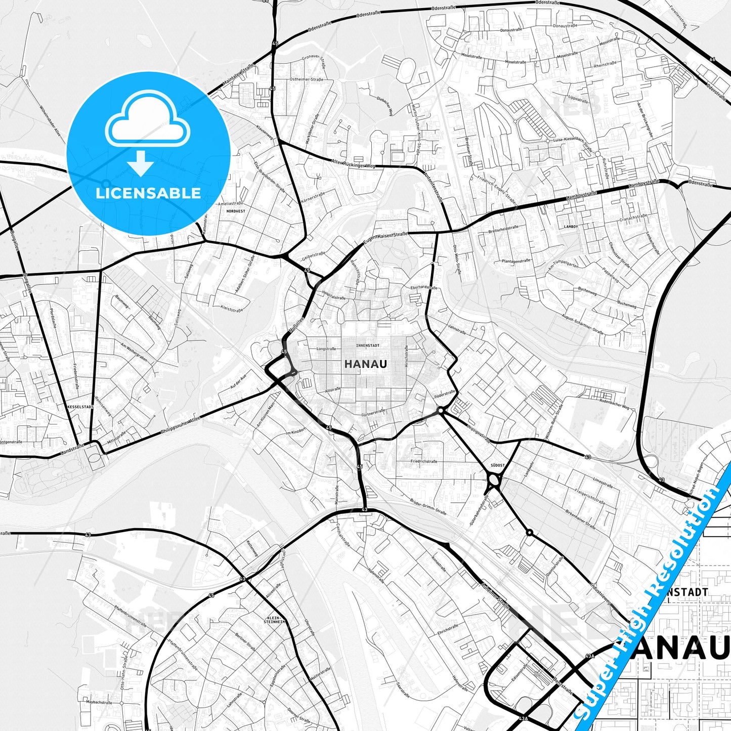 Hanau, Germany Light Map with Street Names, City Names, and Districts