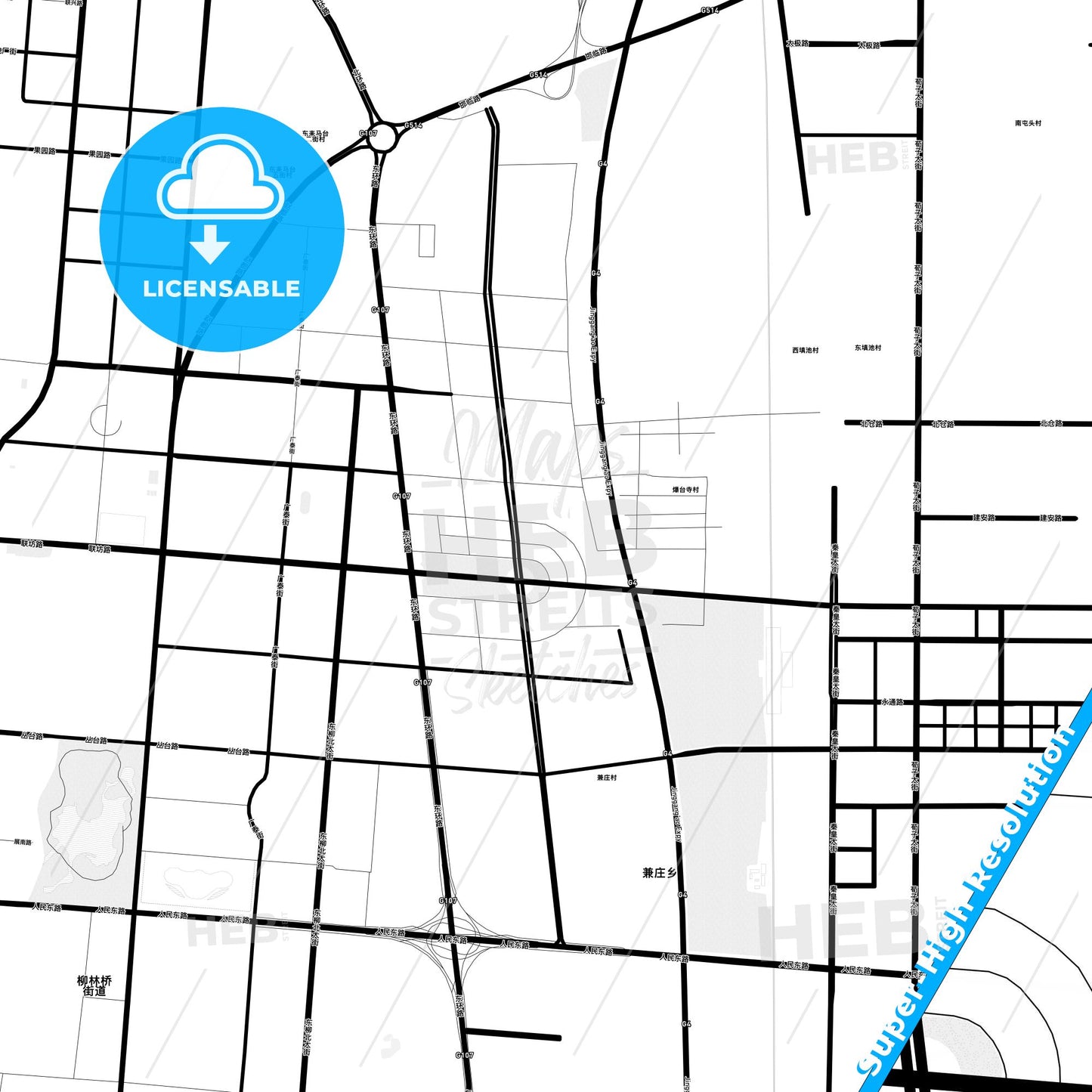 Handan, China Light Map with Street Names, City Names, and Districts