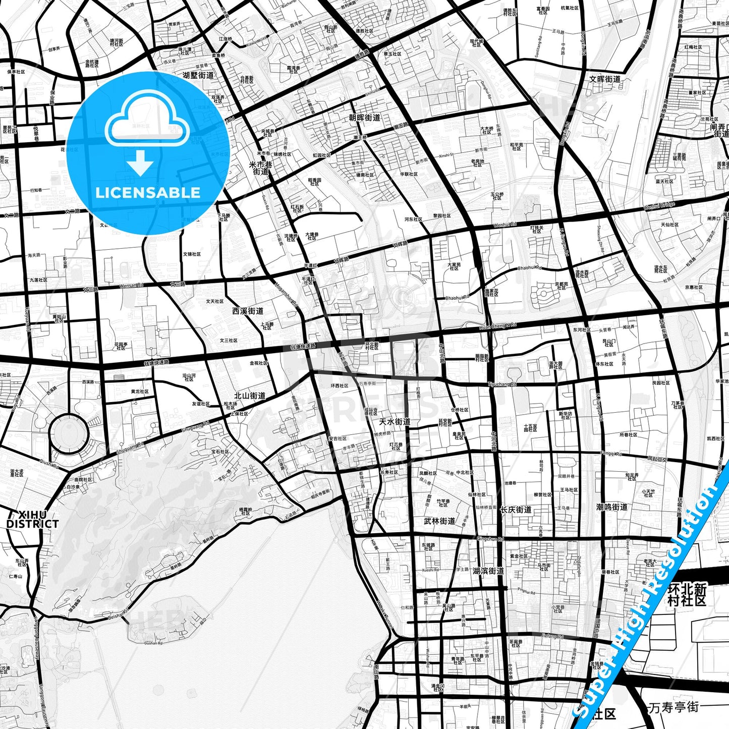 Hangzhou, China Light Map with Street Names, City Names, and Districts