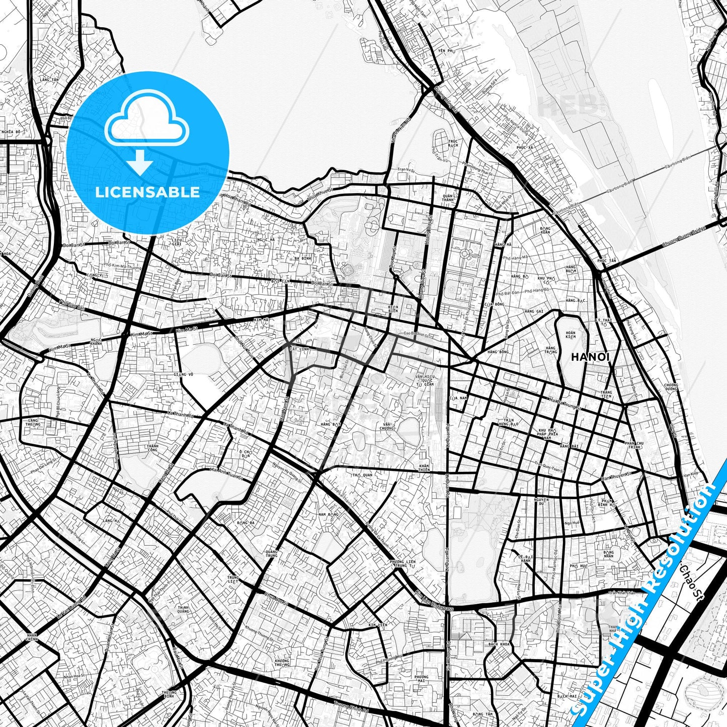 Hanoi, Vietnam Light Map with Street Names, City Names, and Districts
