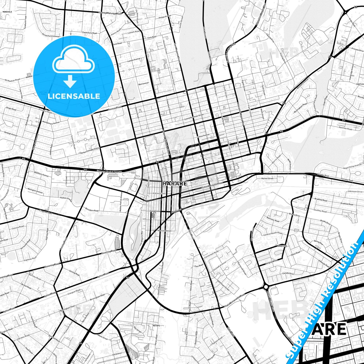 Harare, Zimbabwe Light Map with Street Names, City Names, and Districts