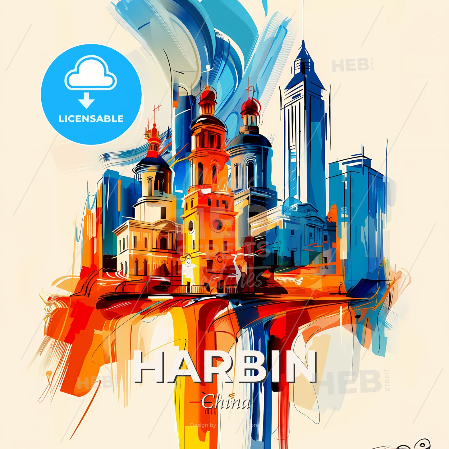 Vibrant Harbin, China - A Colorful Cityscape With Towers And Buildings - Square format print template