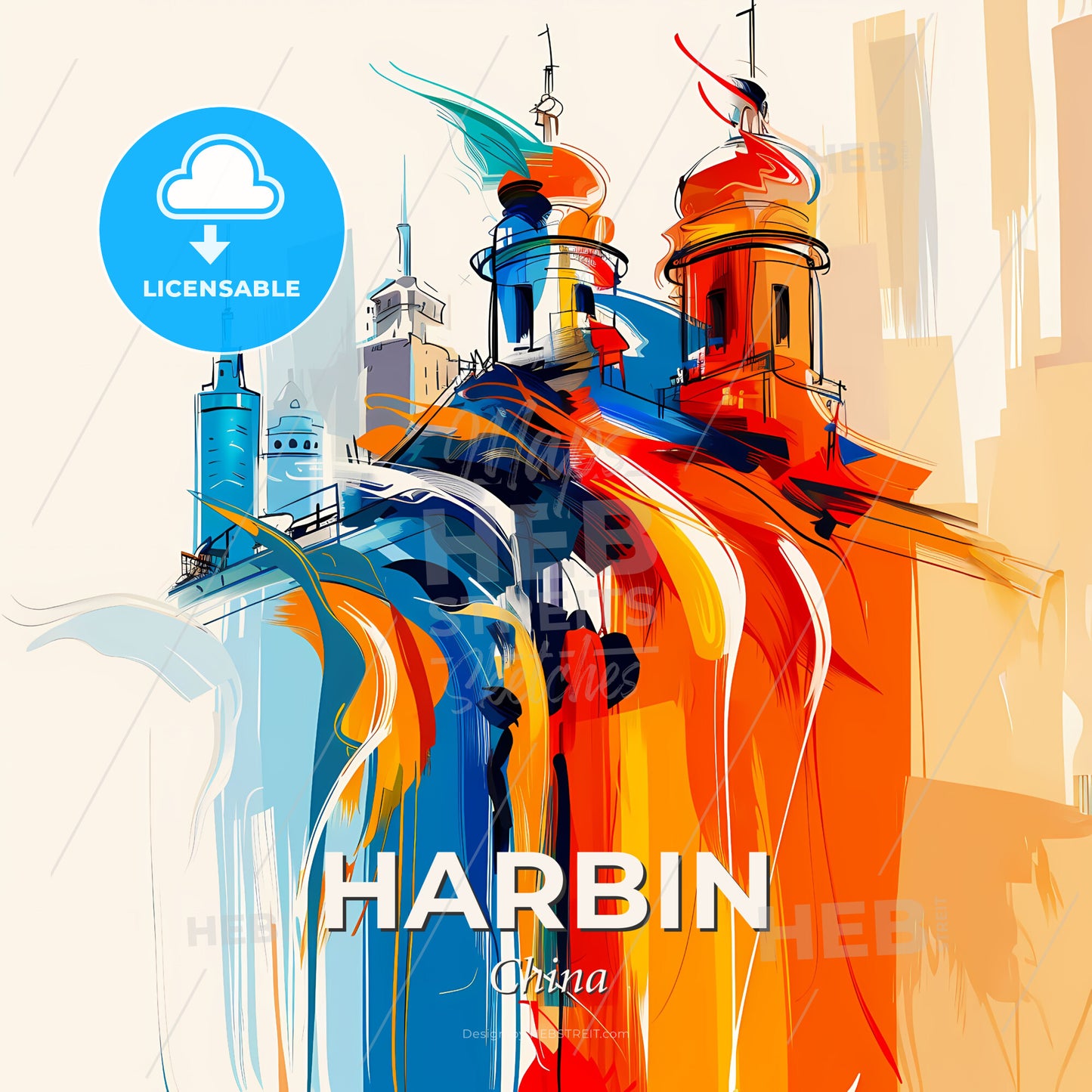 Vibrant Harbin, China - A Colorful Painting Of A Building - Square format print template