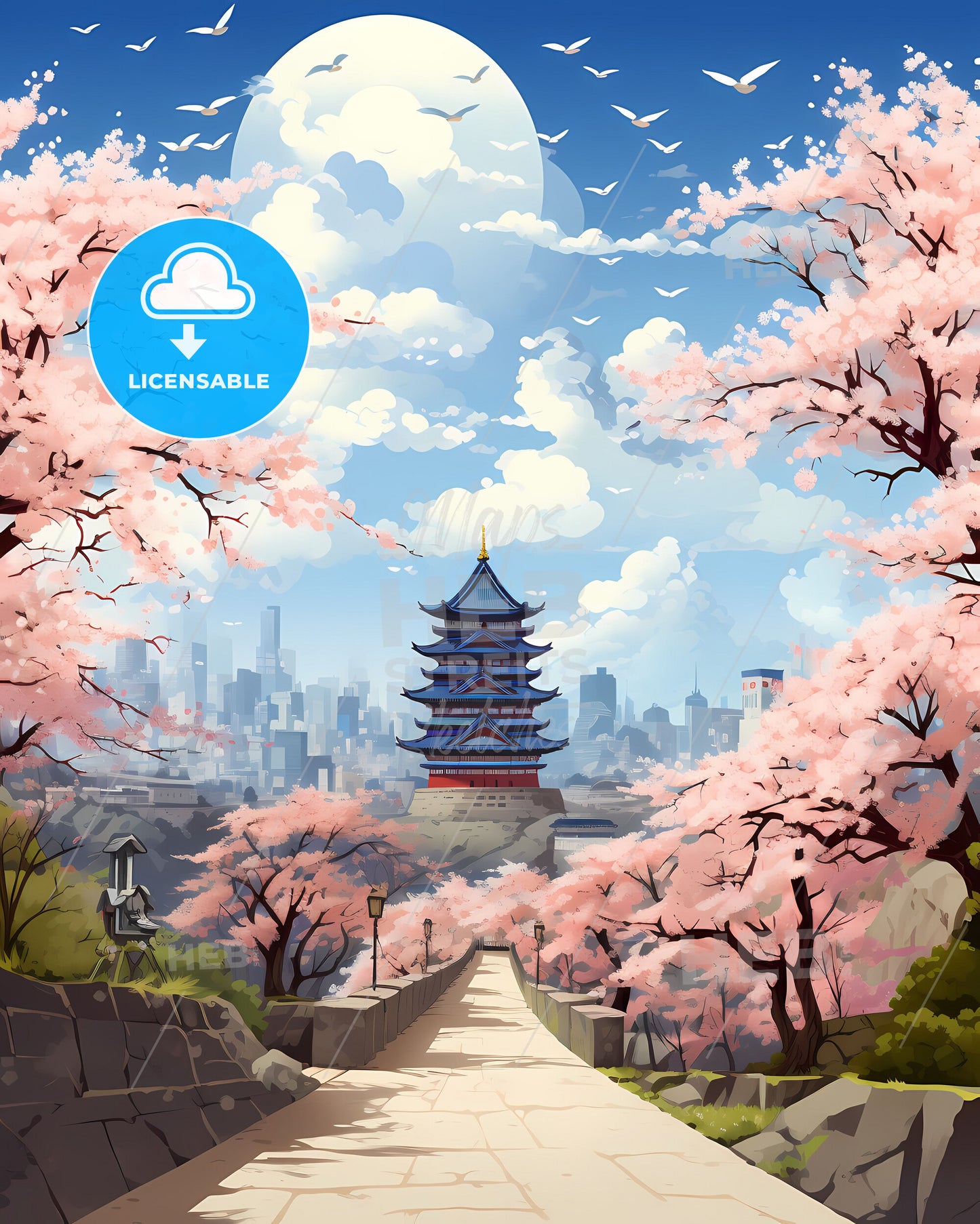 Vibrant Harbin Temple Skyline Painting, China Architecture Cityscape Art