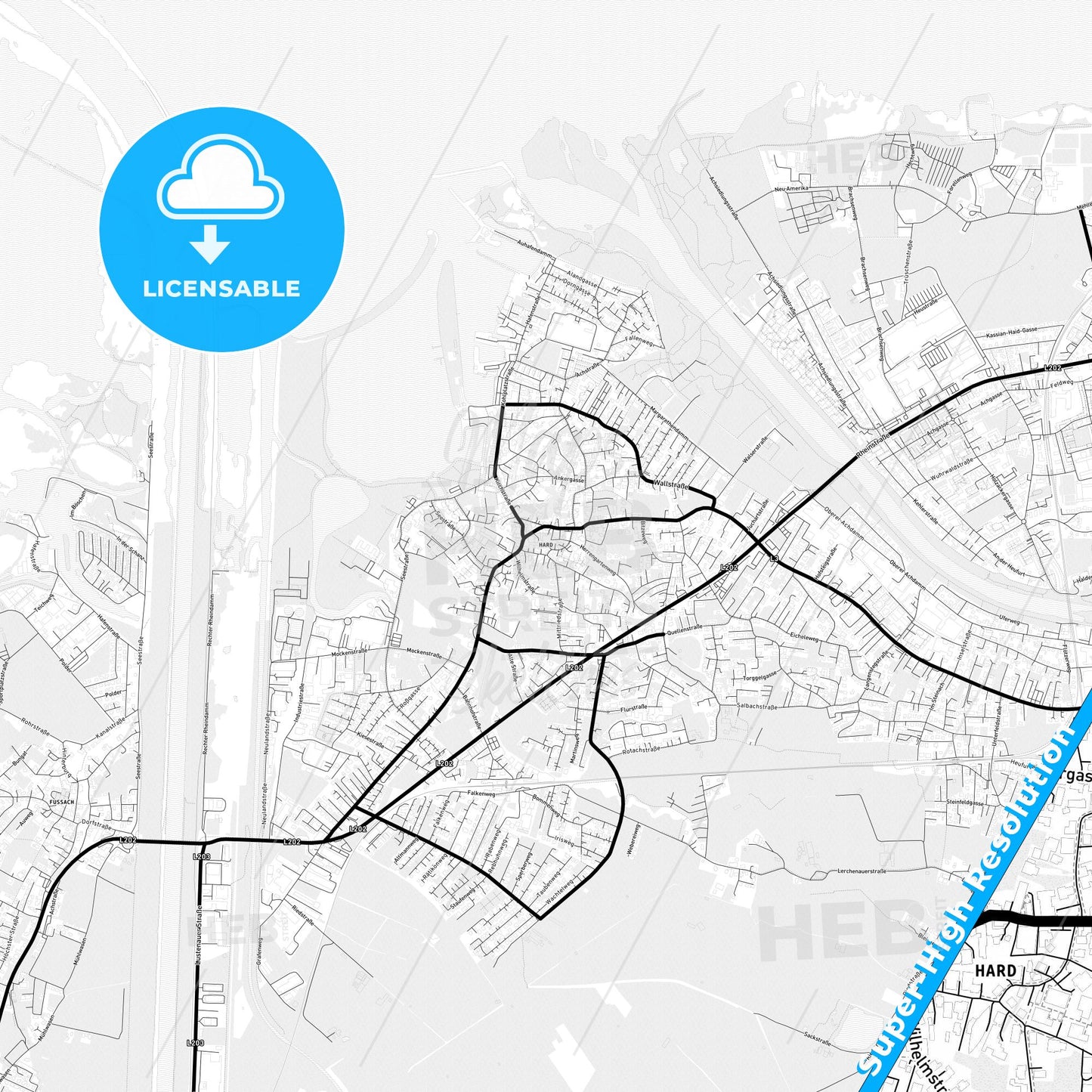 Hard, Austria Light Map with Street Names, City Names, and Districts