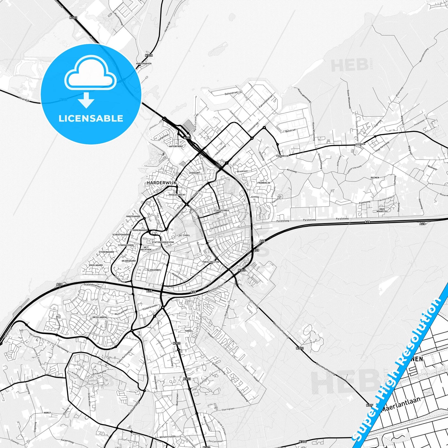 Harderwijk, Netherlands Light Map with Street Names, City Names, and Districts
