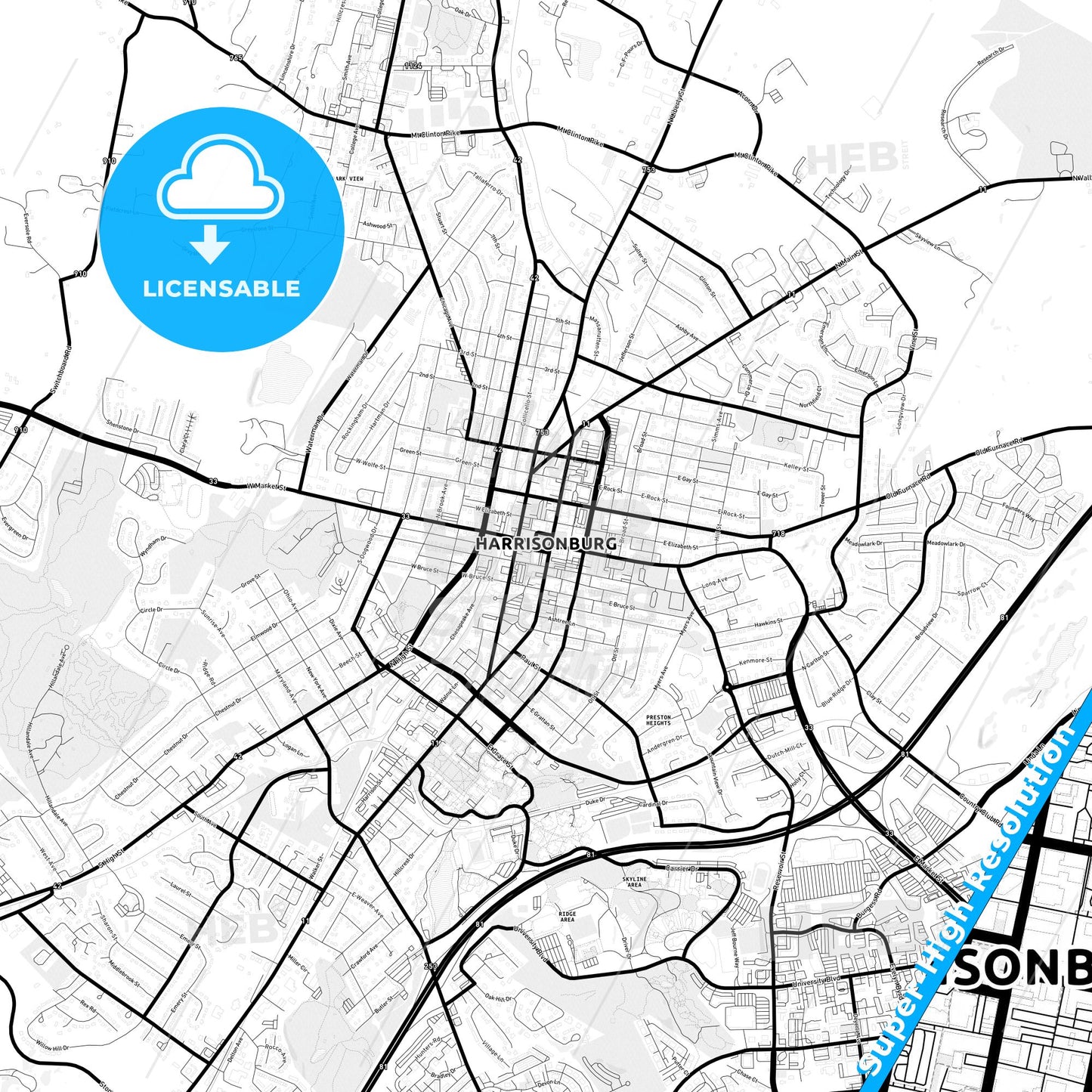 Harrisonburg, Virginia Light Map with Street Names, City Names, and Districts