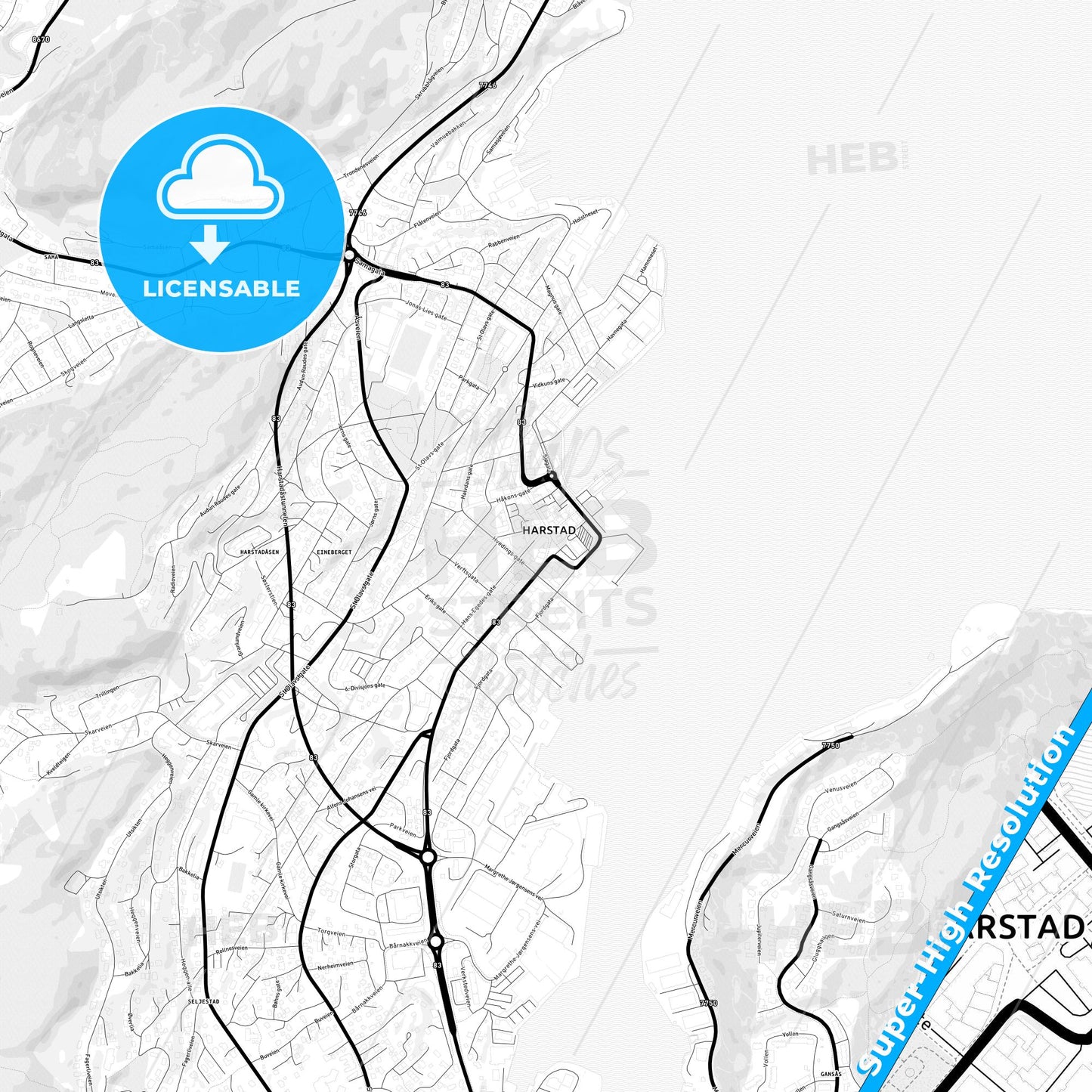 Harstad, Norway Light Map with Street Names, City Names, and Districts