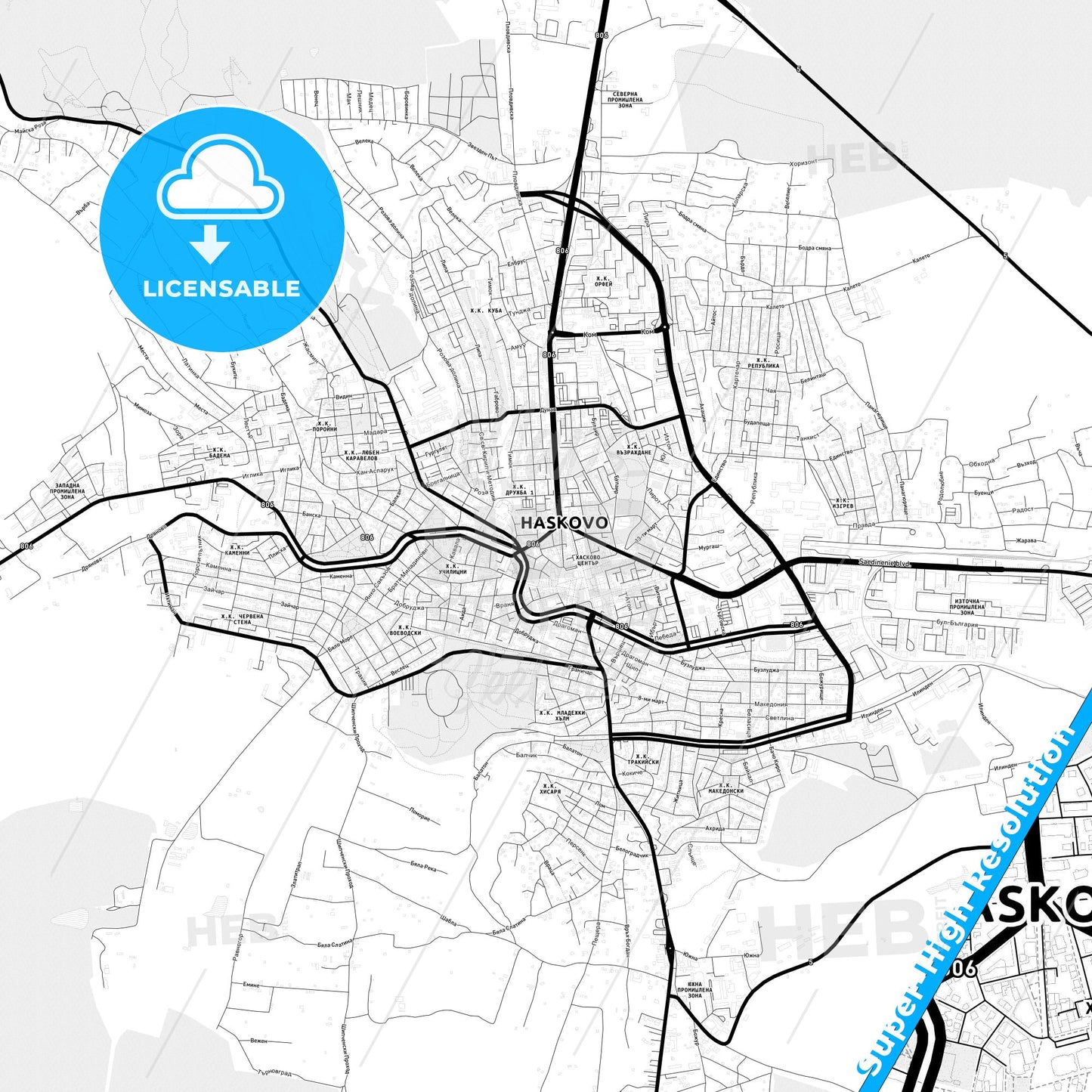 Haskovo, Bulgaria Light Map with Street Names, City Names, and Districts