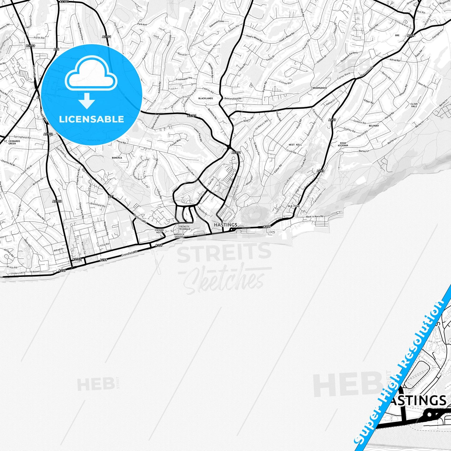 Hastings, England Light Map with Street Names, City Names, and Districts