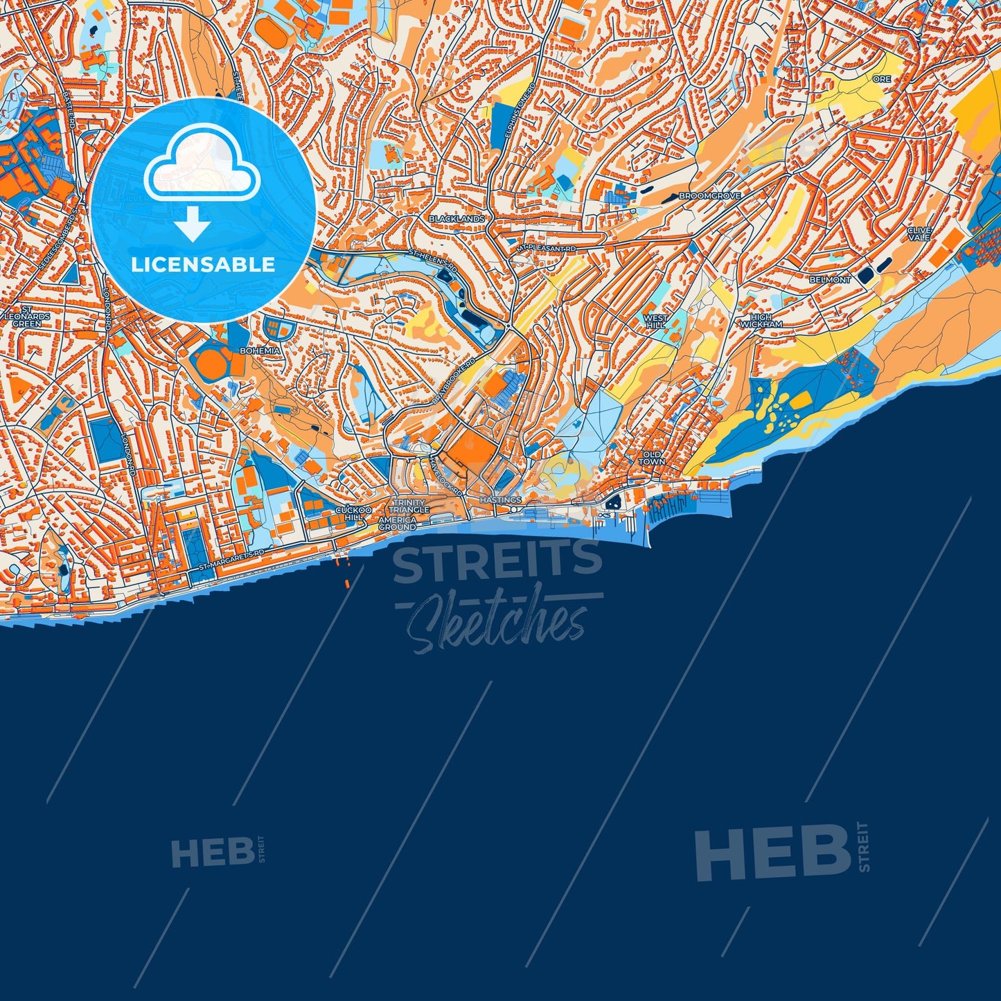 Colorful Hastings Street Map with Labels and Buildings