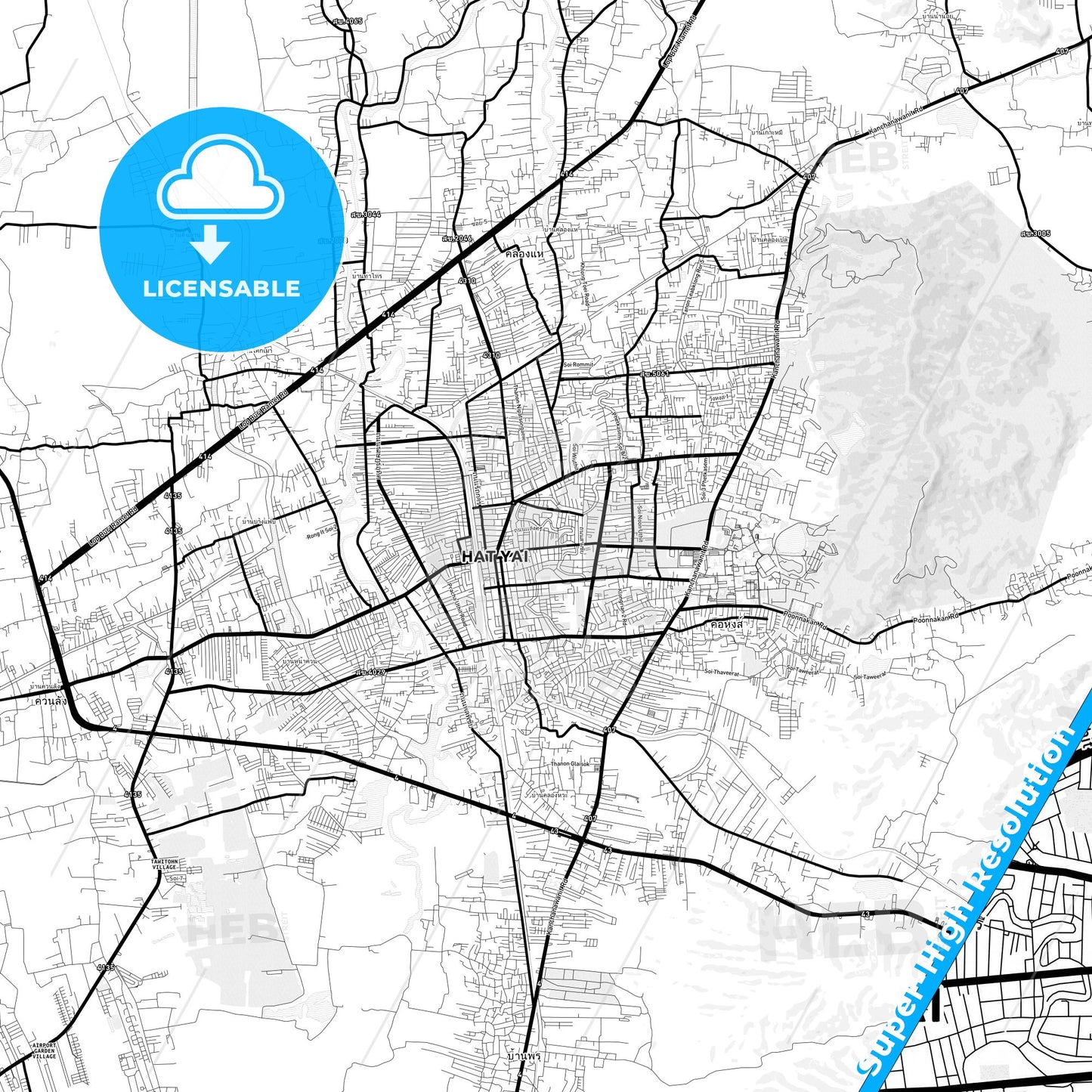 Hat Yai, Thailand Light Map with Street Names, City Names, and Districts