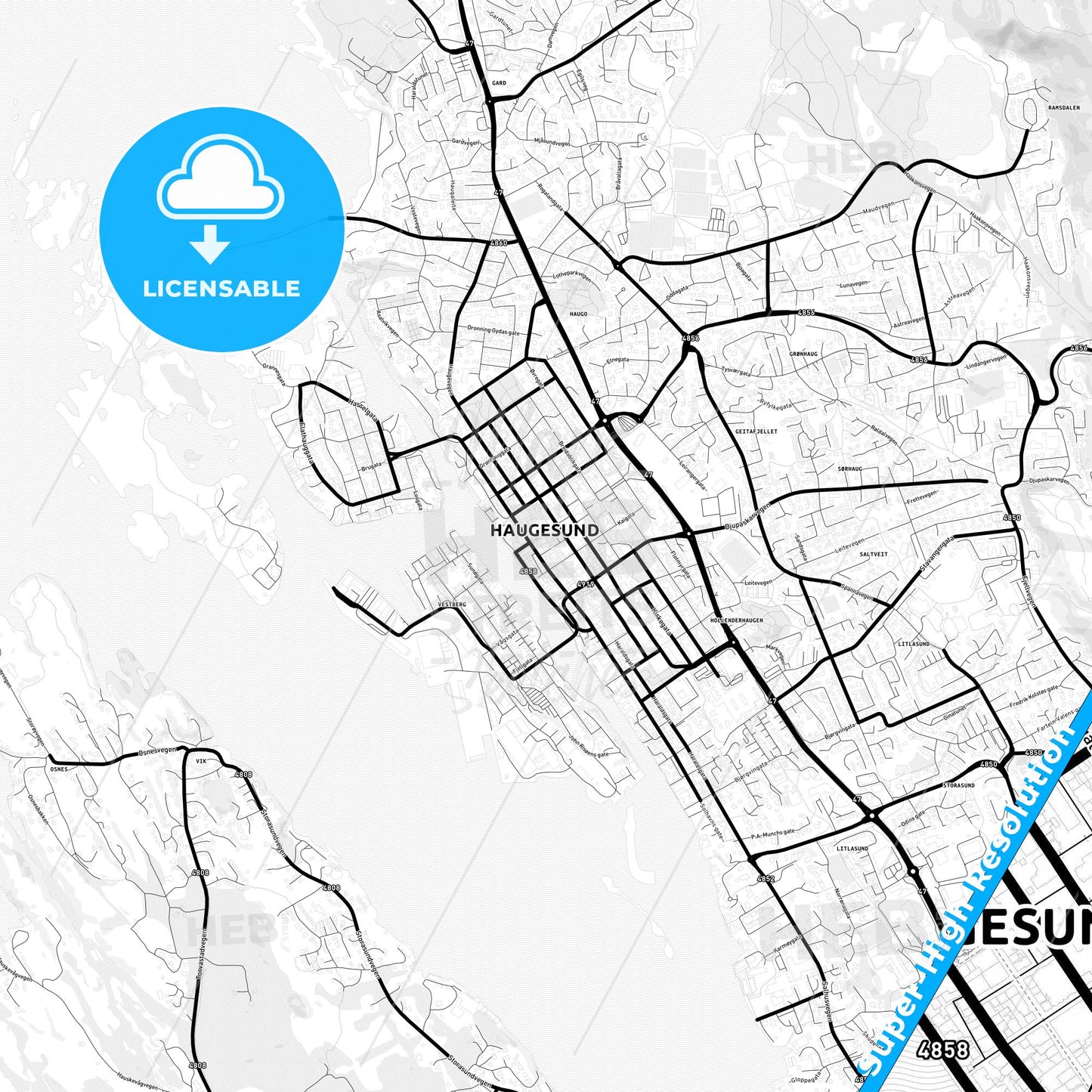 Haugesund, Norway Light Map with Street Names, City Names, and Districts