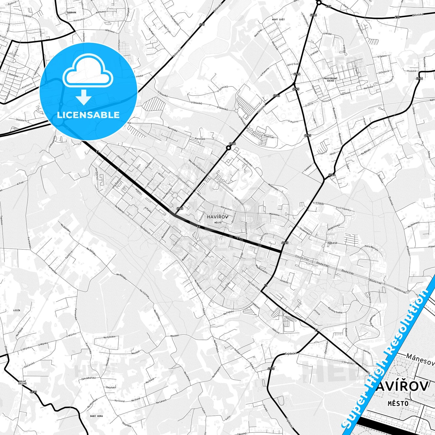 Havířov, Czechia Light Map with Street Names, City Names, and Districts