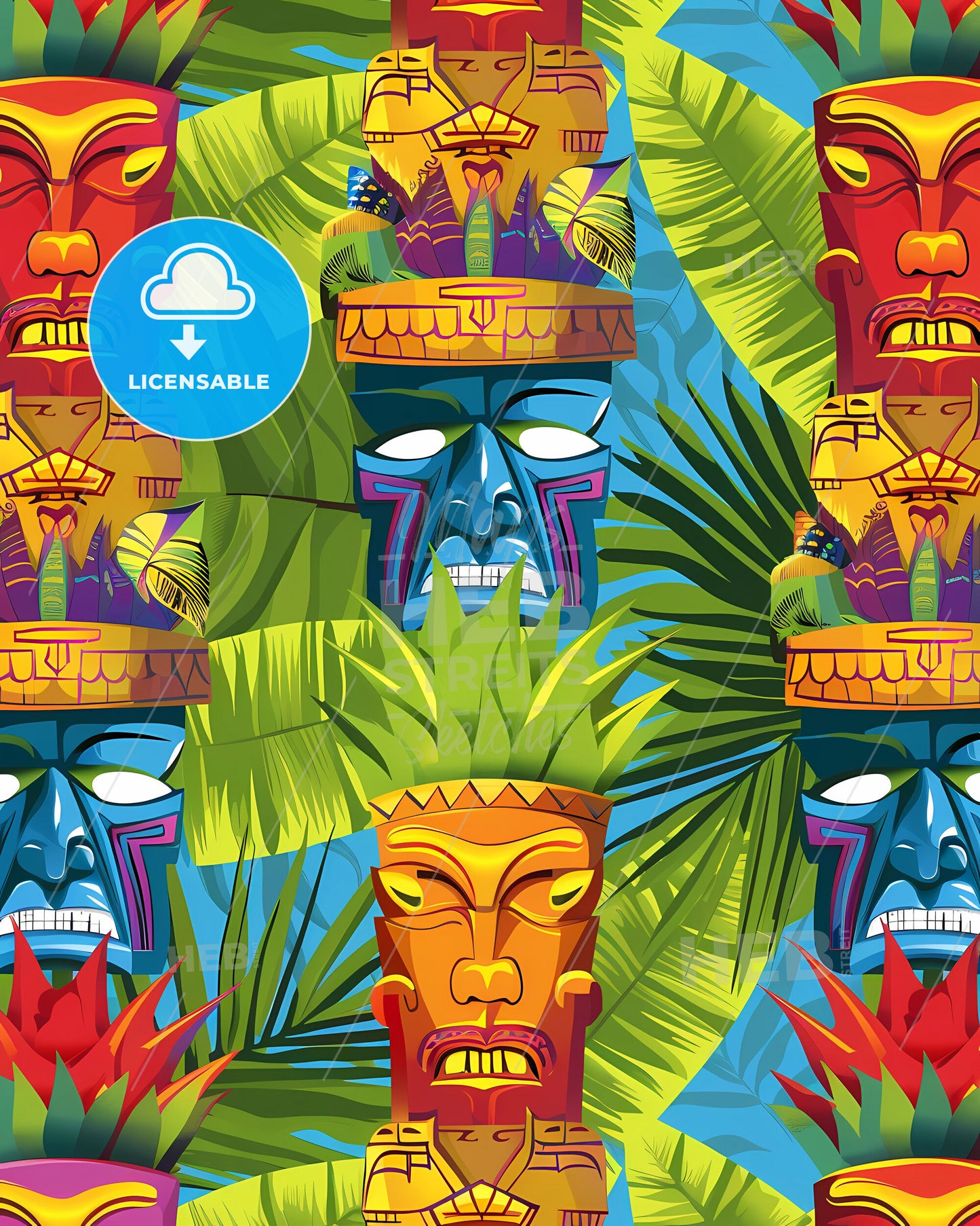 Hawaiian Tribal Painting: Vibrant Tiki Art with Botanical Embellishments