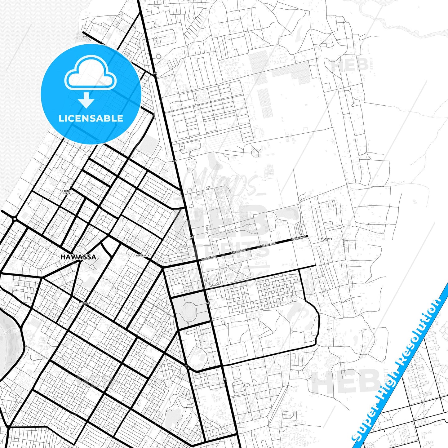 Hawassa, Ethiopia Light Map with Street Names, City Names, and Districts