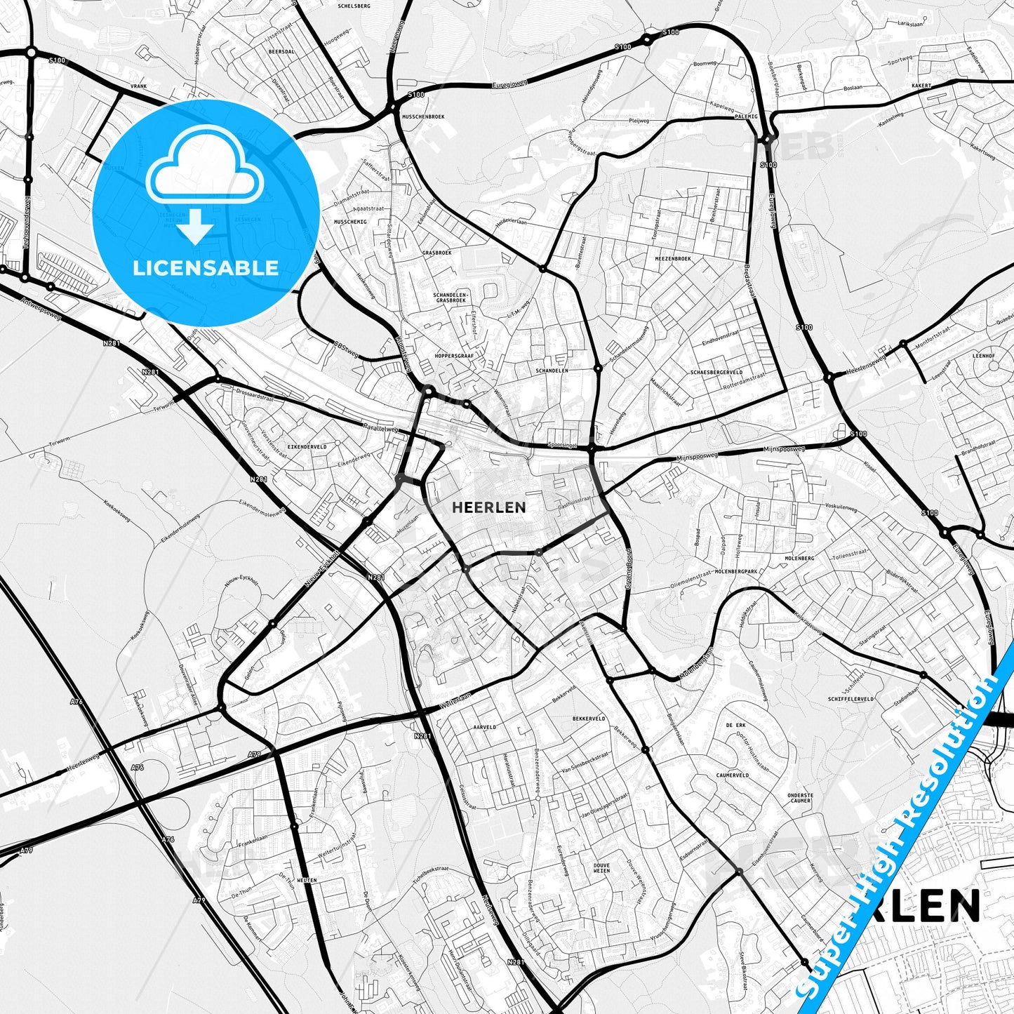 Heerlen, Netherlands Light Map with Street Names, City Names, and Districts