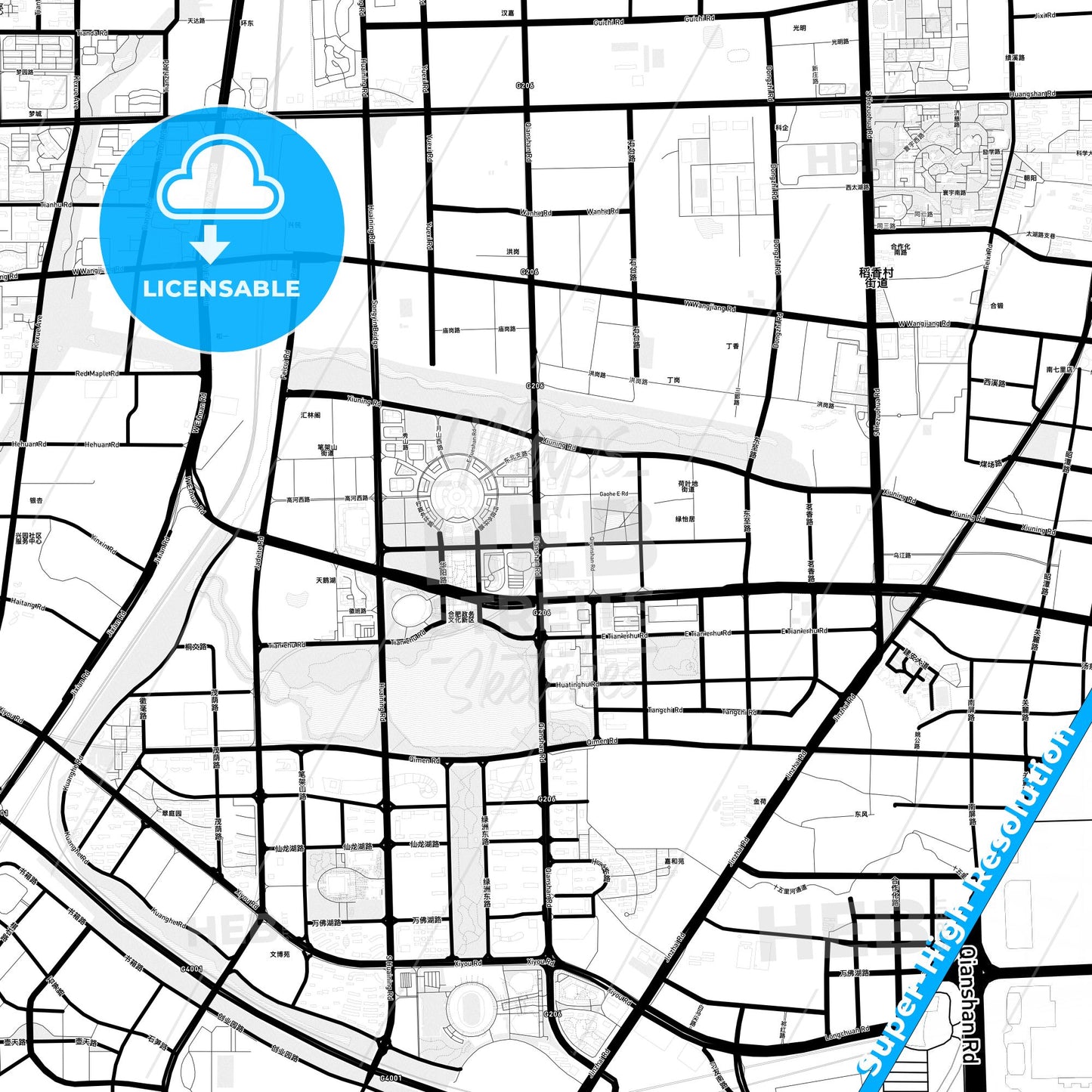 Hefei, China Light Map with Street Names, City Names, and Districts