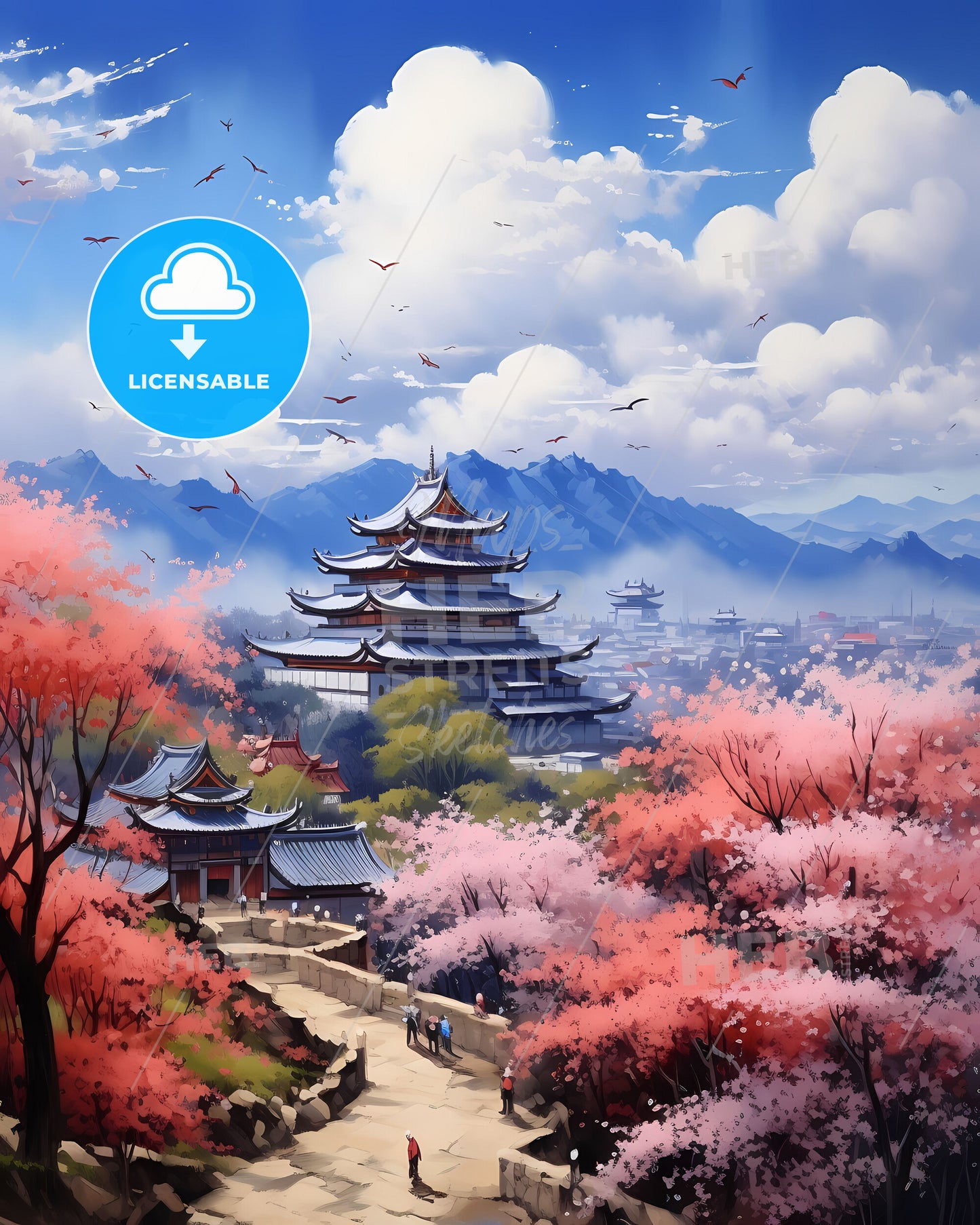 Vibrant Painting of Hefei Skyline Featuring Pagoda and Mountain Landscape