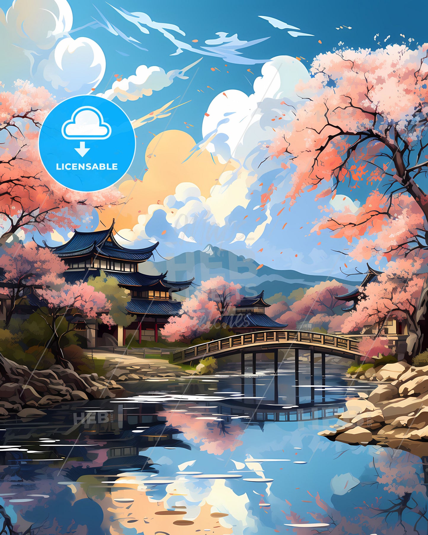 Vibrant painting showcasing bridge art over the river in Hefei China skyline featuring building art