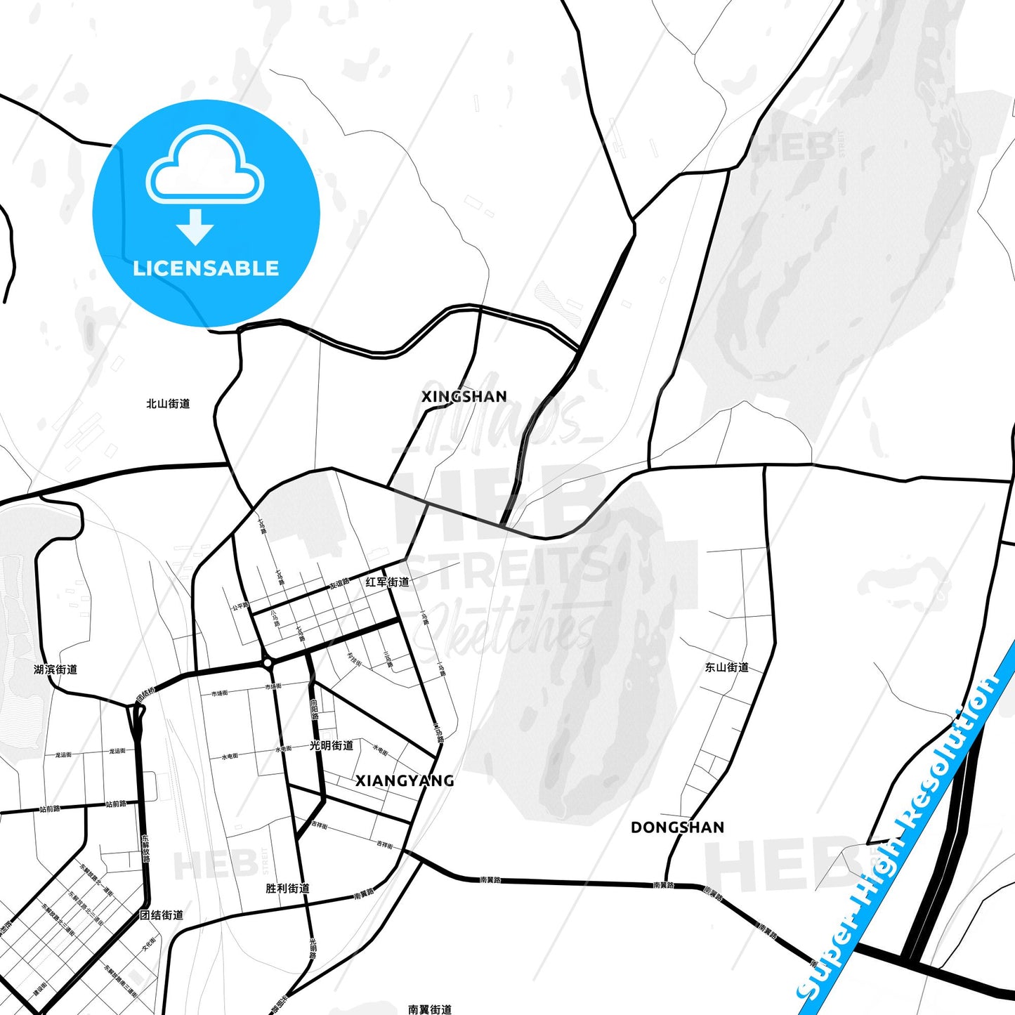 Hegang, China Light Map with Street Names, City Names, and Districts