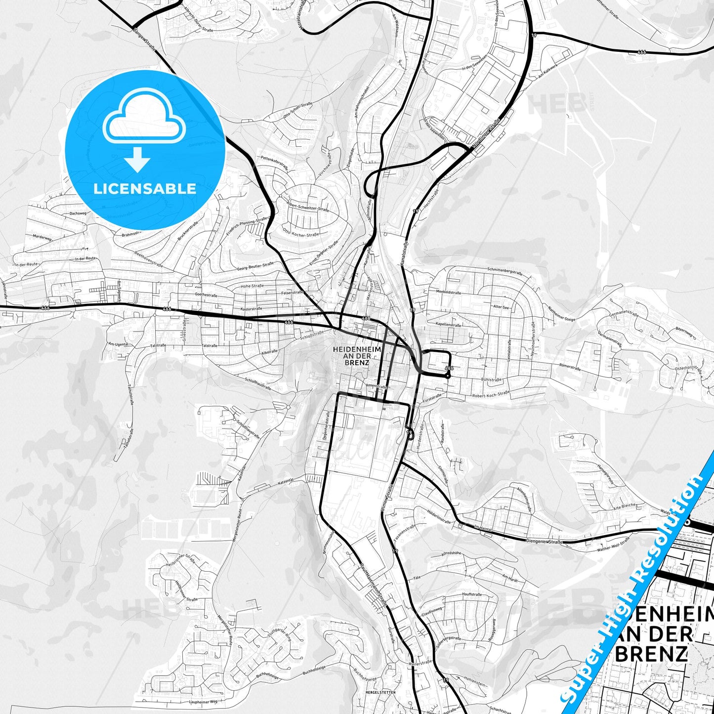 Heidenheim an der Brenz, Germany Light Map with Street Names, City Names, and Districts