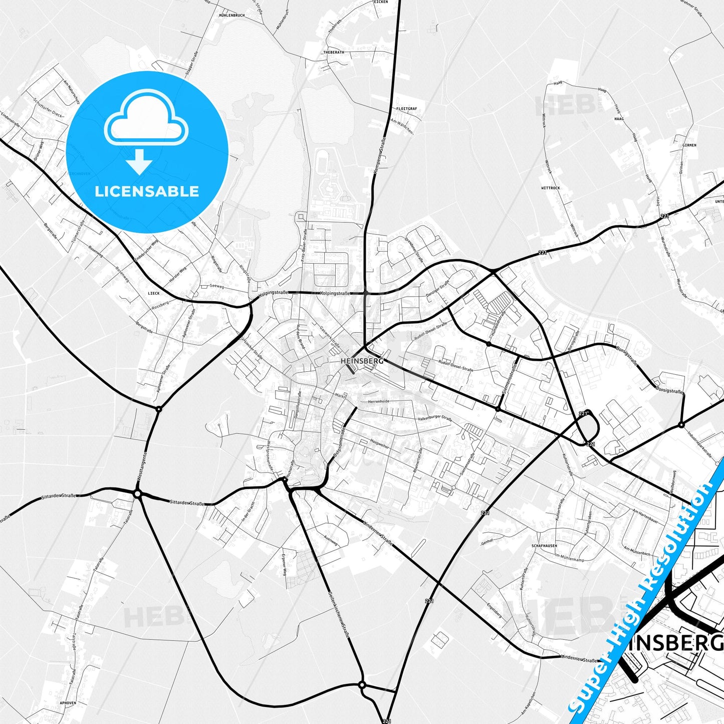 Heinsberg, Germany Light Map with Street Names, City Names, and Districts