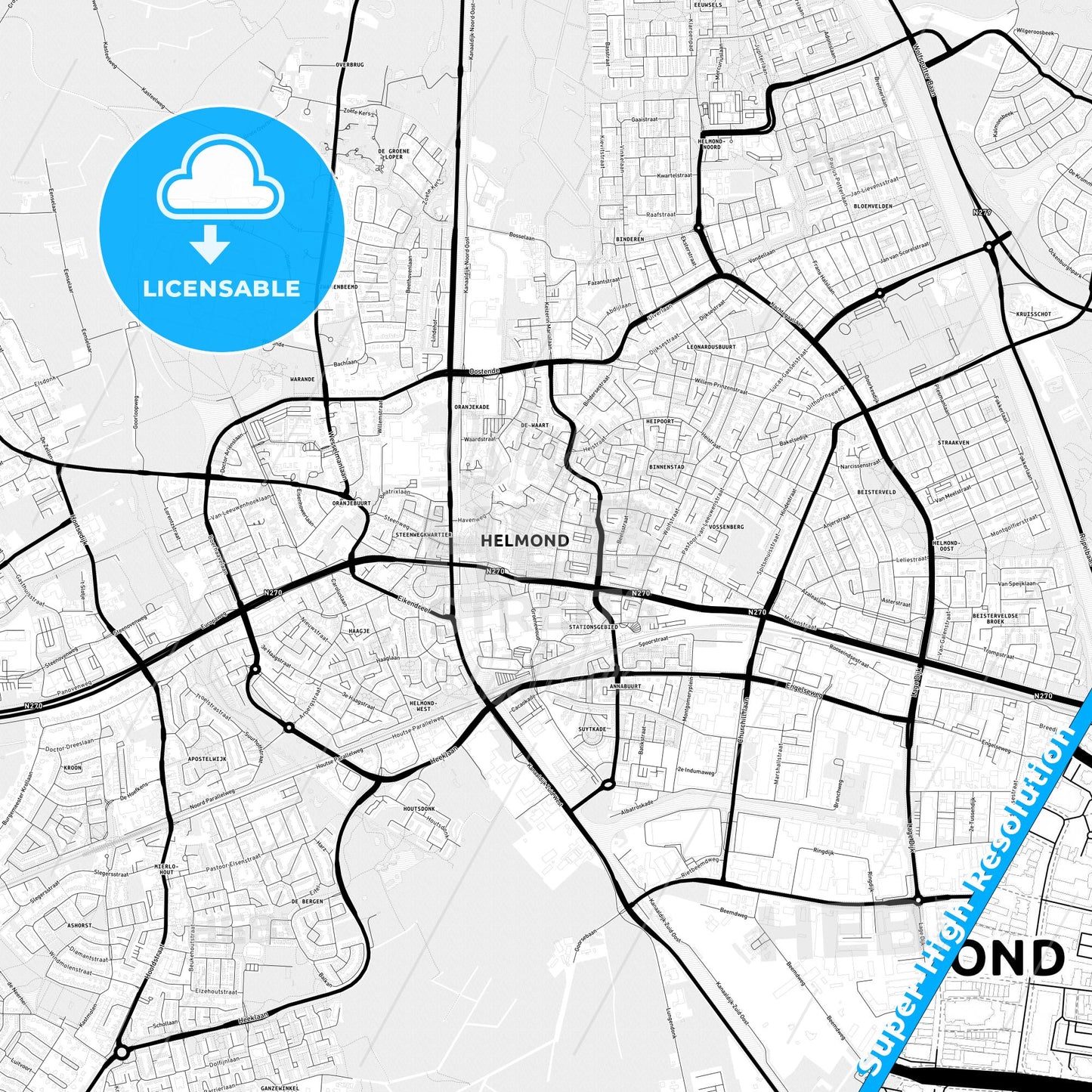 Helmond, Netherlands Light Map with Street Names, City Names, and Districts
