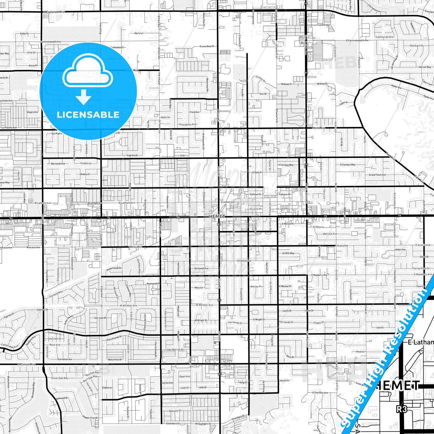 Hemet, California Light Map with Street Names, City Names, and Districts