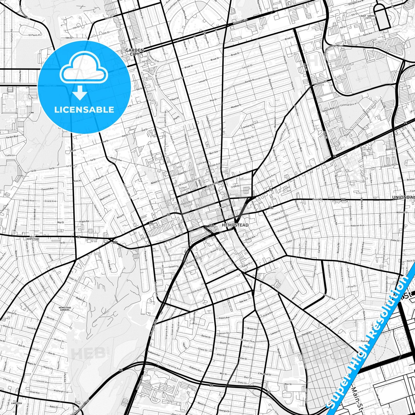 Hempstead, New York Light Map with Street Names, City Names, and Districts