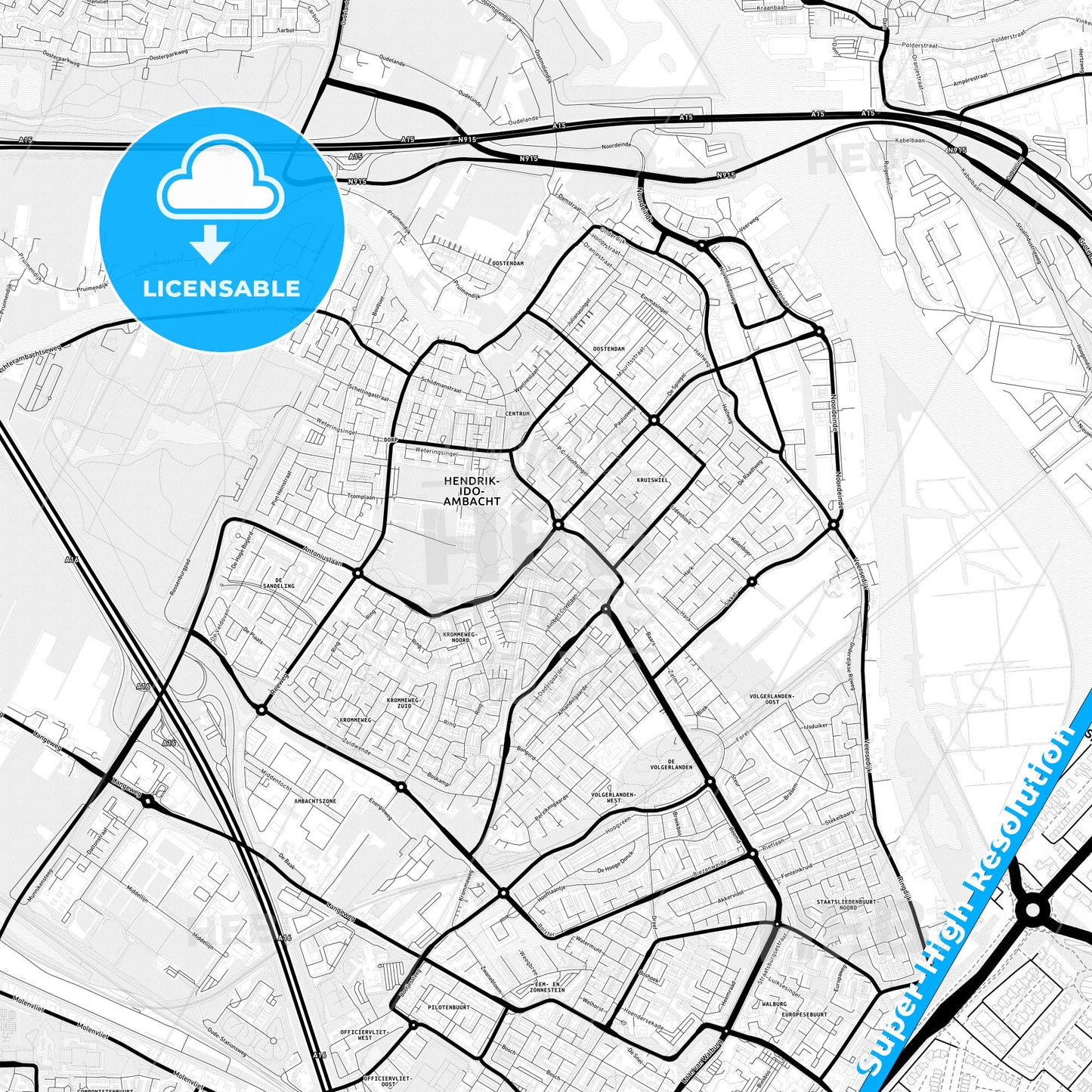 Hendrik-Ido-Ambacht, Netherlands Light Map with Street Names, City Names, and Districts