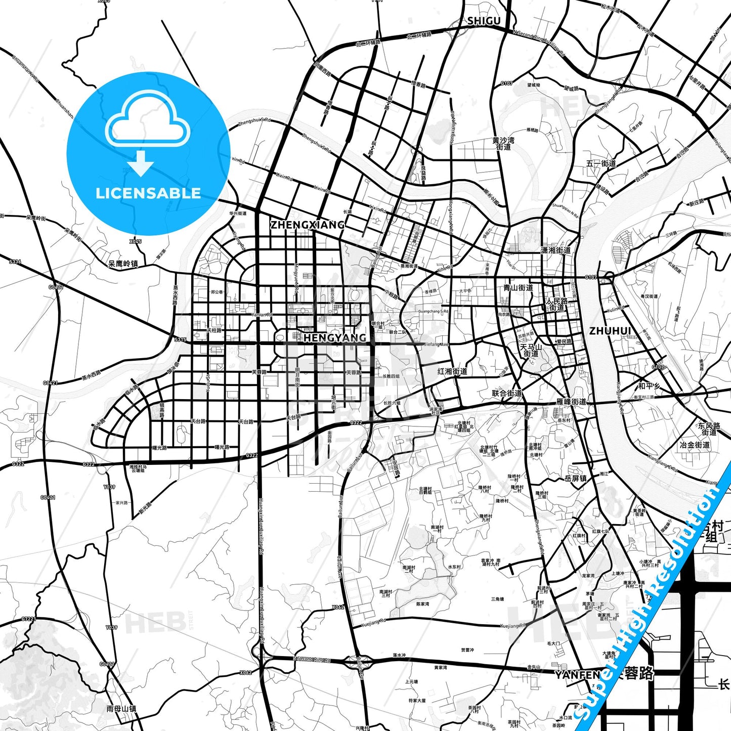 Hengyang, China Light Map with Street Names, City Names, and Districts