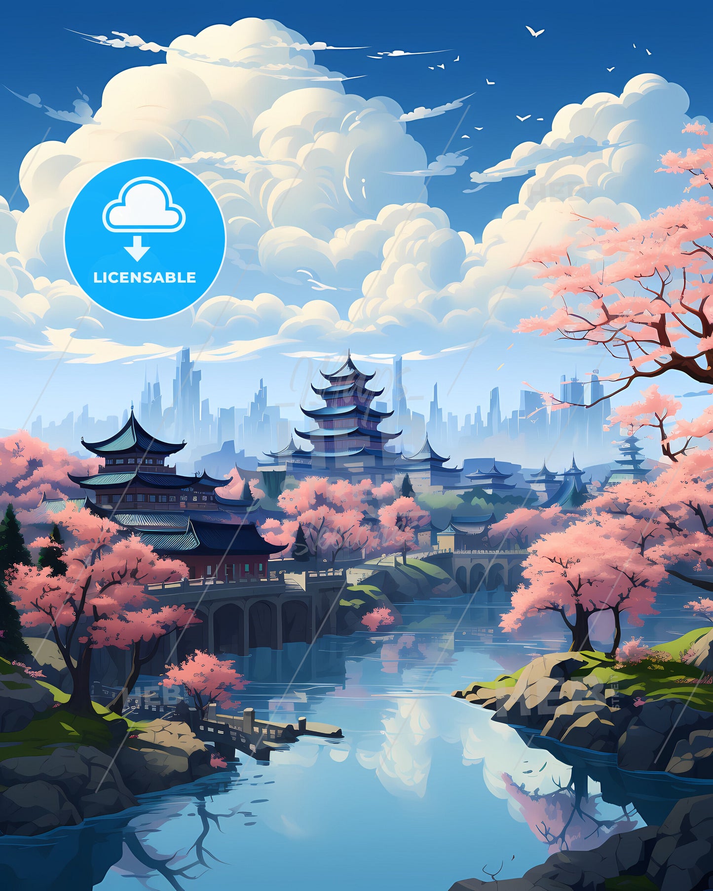 Expansive Landscape Painting Capturing the Vibrant City Skyline of Hengyang Beside a River