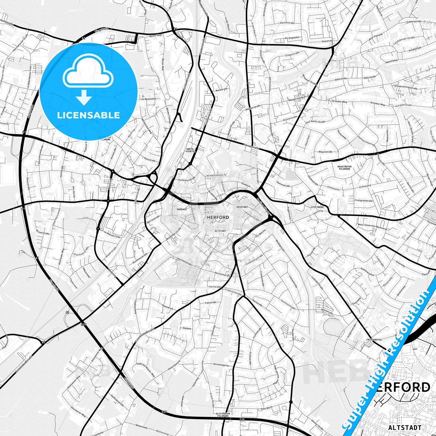 Herford, Germany Light Map with Street Names, City Names, and Districts