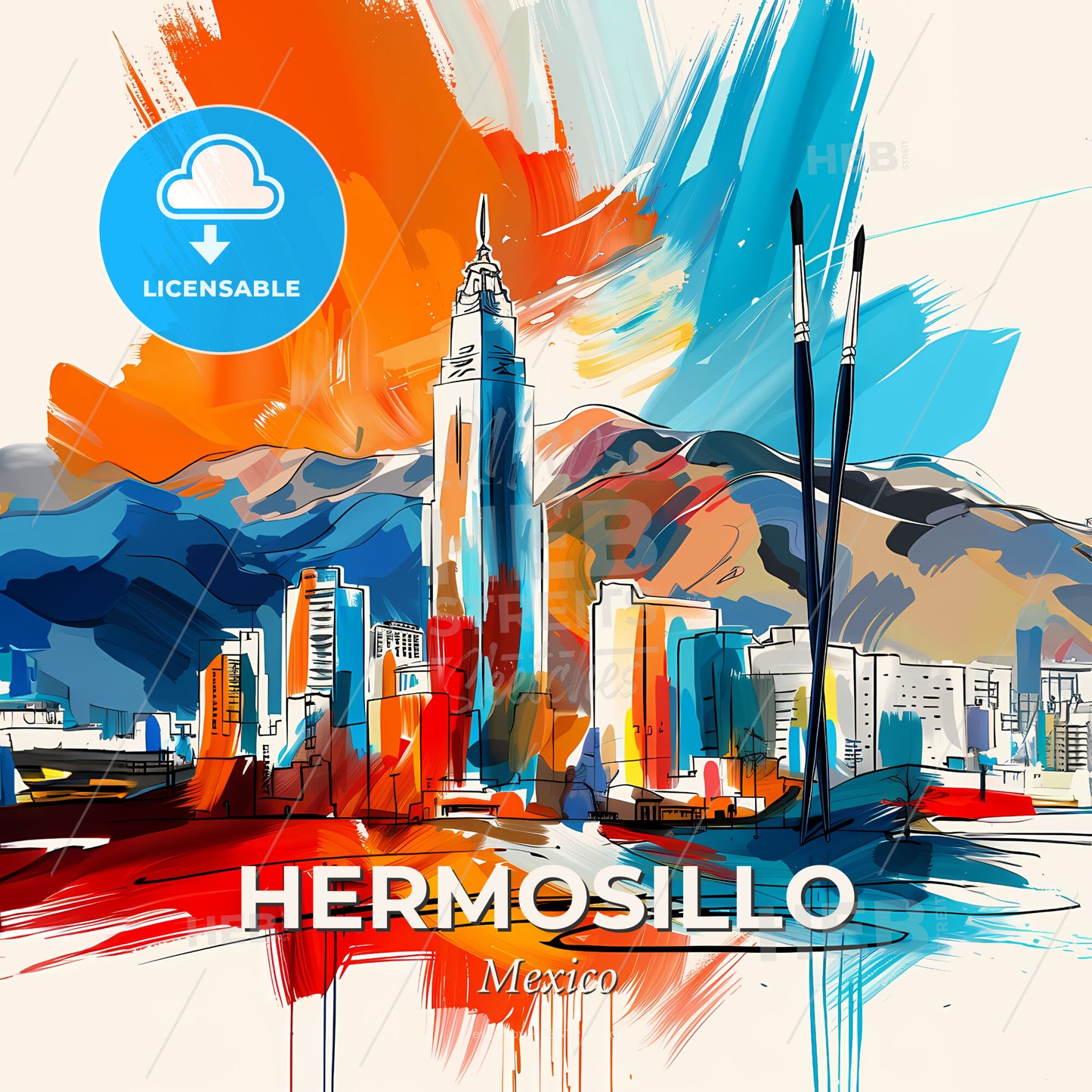 Vibrant Hermosillo, Mexico - A Painting Of A City With Mountains In The Background - Square format print template