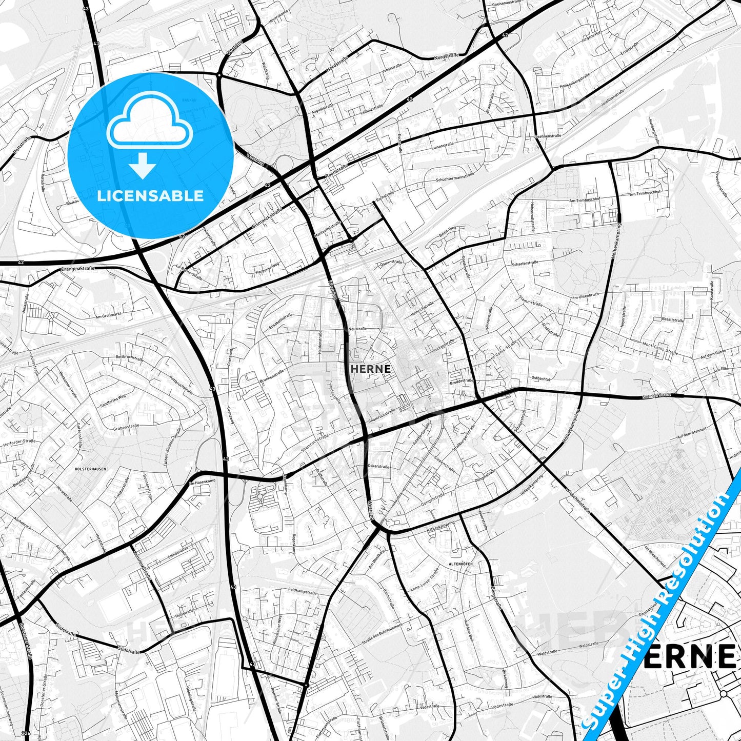 Herne, Germany Light Map with Street Names, City Names, and Districts