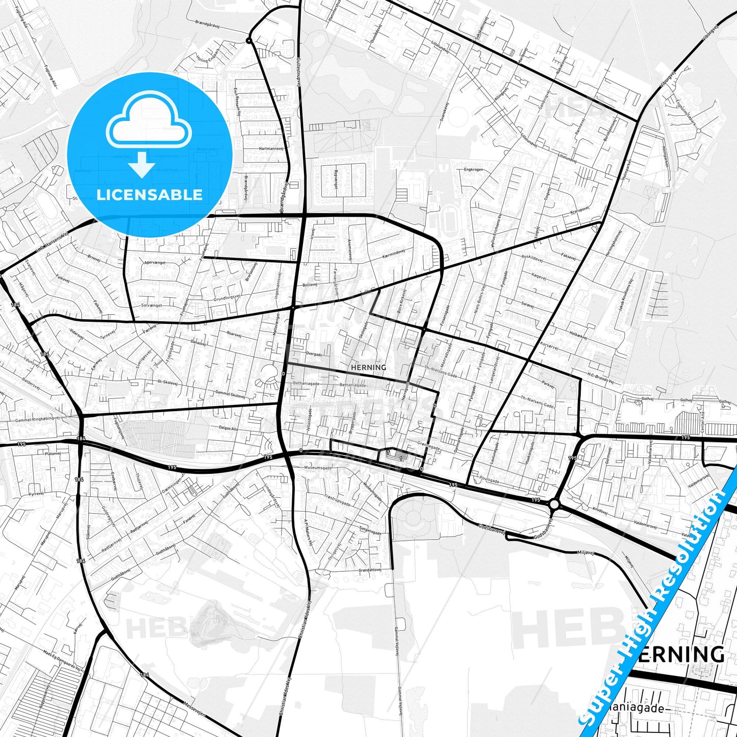 Herning, Denmark Light Map with Street Names, City Names, and Districts